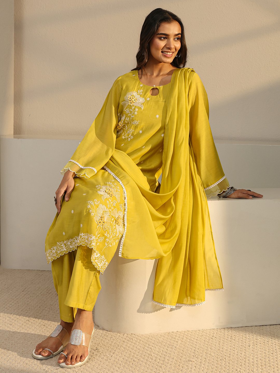 Mustard Embroidered Chanderi Silk Straight-Fit Kurta, Pants And Dupatta Set