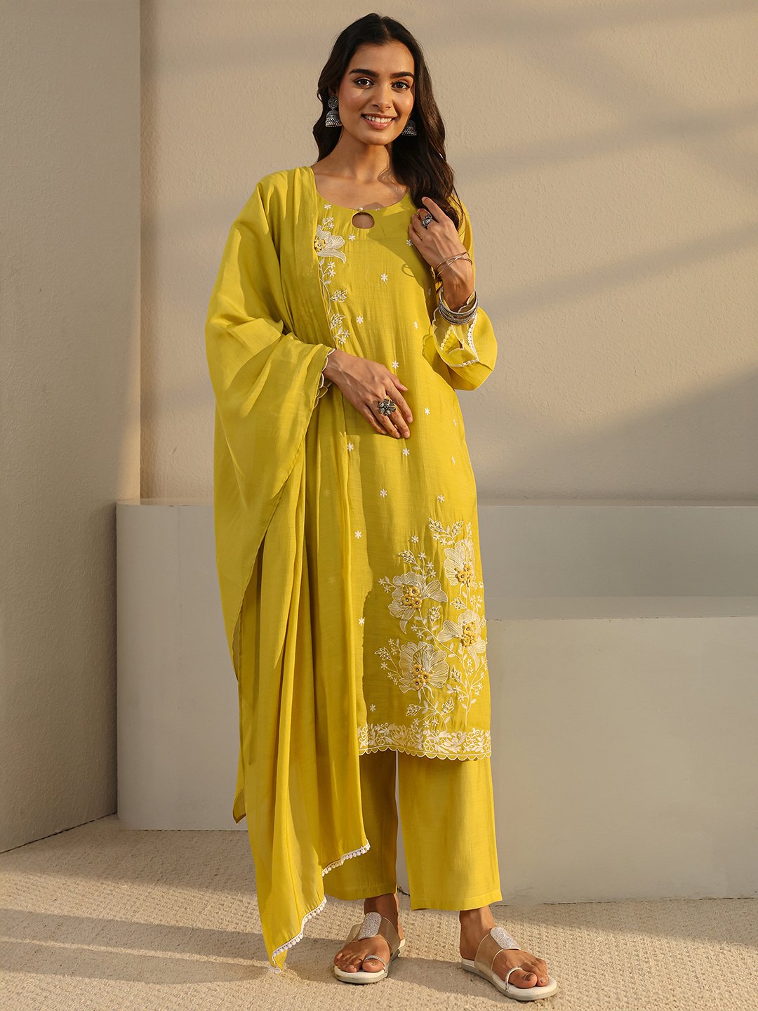 Mustard Embroidered Chanderi Silk Straight-Fit Kurta, Pants And Dupatta Set