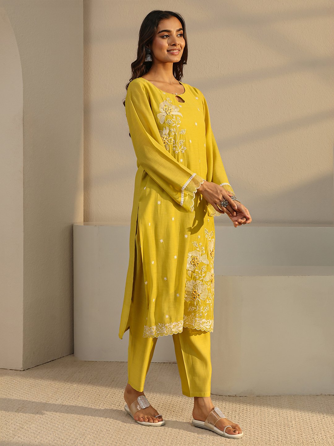 Mustard Embroidered Chanderi Silk Straight-Fit Kurta, Pants And Dupatta Set