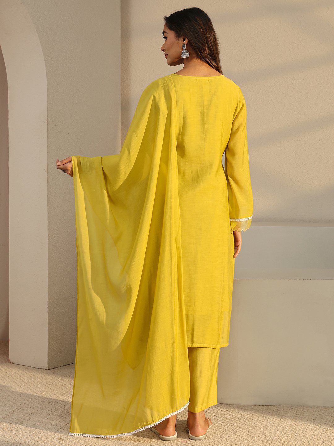 Mustard Embroidered Chanderi Silk Straight-Fit Kurta, Pants And Dupatta Set