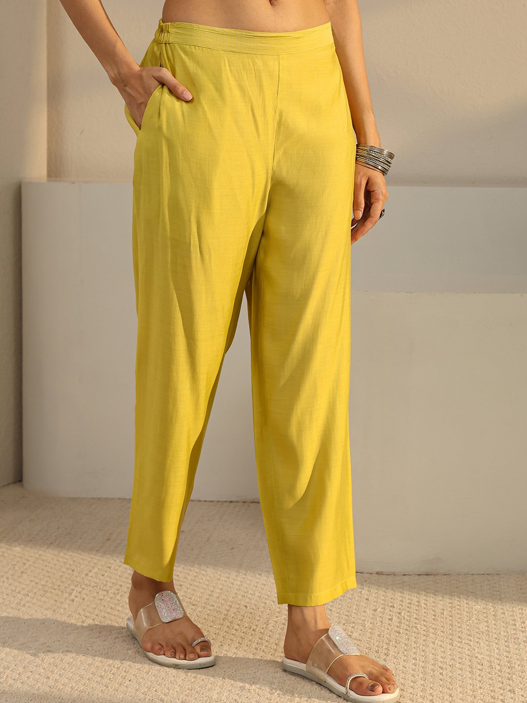 Mustard Embroidered Chanderi Silk Straight-Fit Kurta, Pants And Dupatta Set