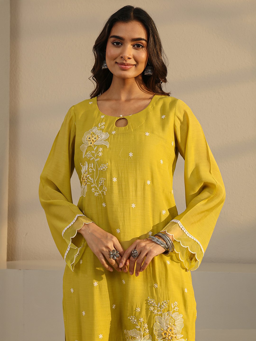 Mustard Embroidered Chanderi Silk Straight-Fit Kurta, Pants And Dupatta Set