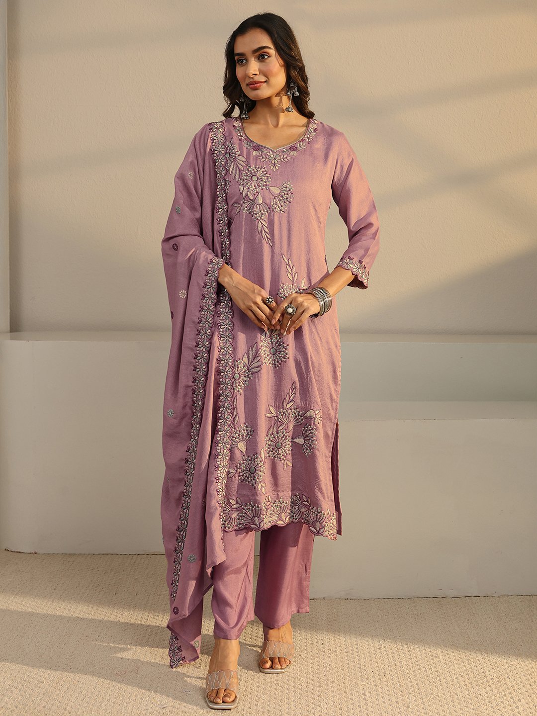 Mauve Embroidered Silk Blend Straight-Fit Kurta, Pants And Dupatta Set