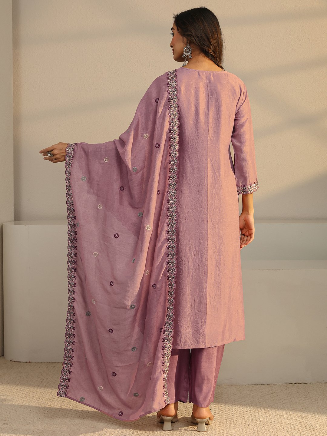 Mauve Embroidered Silk Blend Straight-Fit Kurta, Pants And Dupatta Set