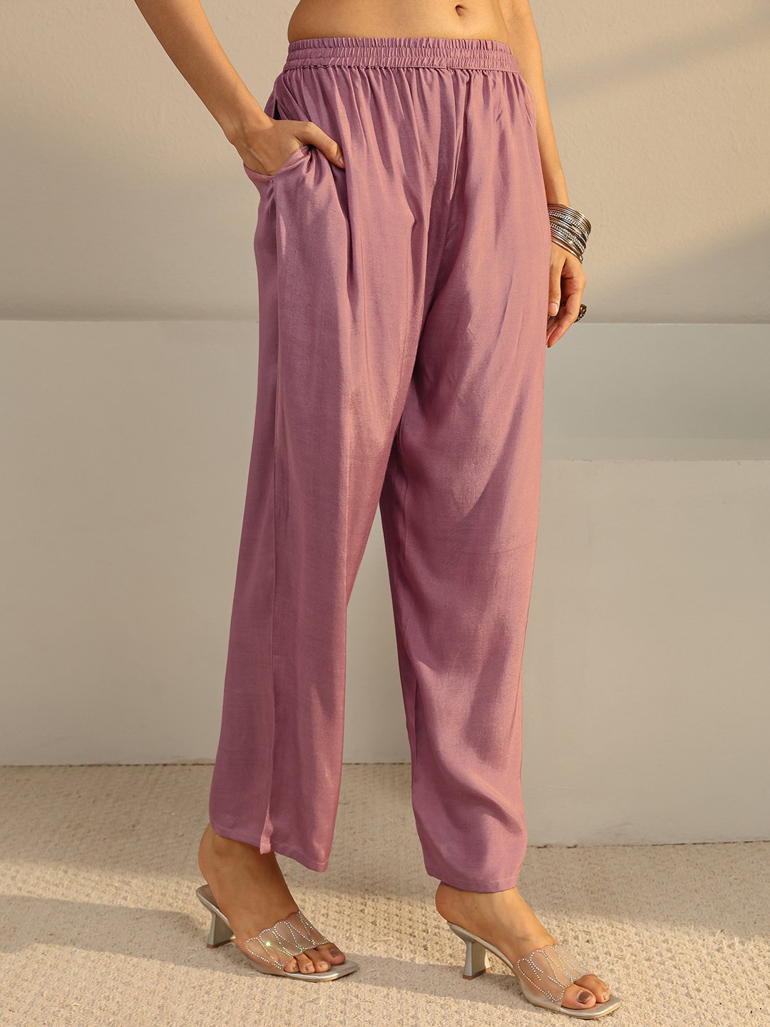 Mauve Embroidered Silk Blend Straight-Fit Kurta, Pants And Dupatta Set