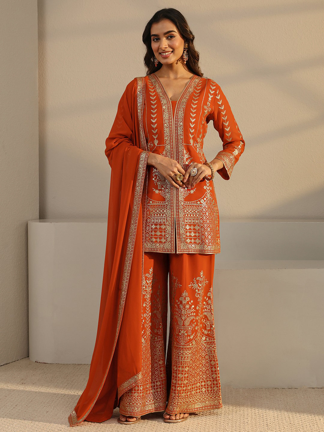 Rust Embroidered Georgette Straight-Fit Kurta, Palazzo And Dupatta Set
