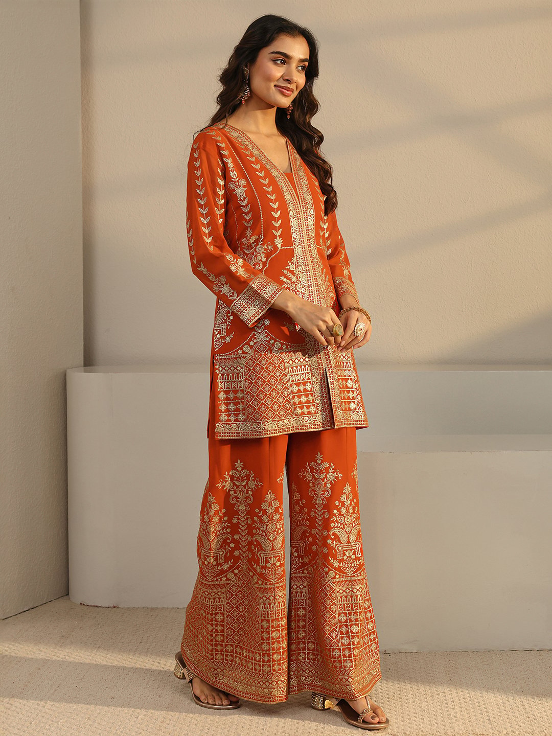Rust Embroidered Georgette Straight-Fit Kurta, Palazzo And Dupatta Set