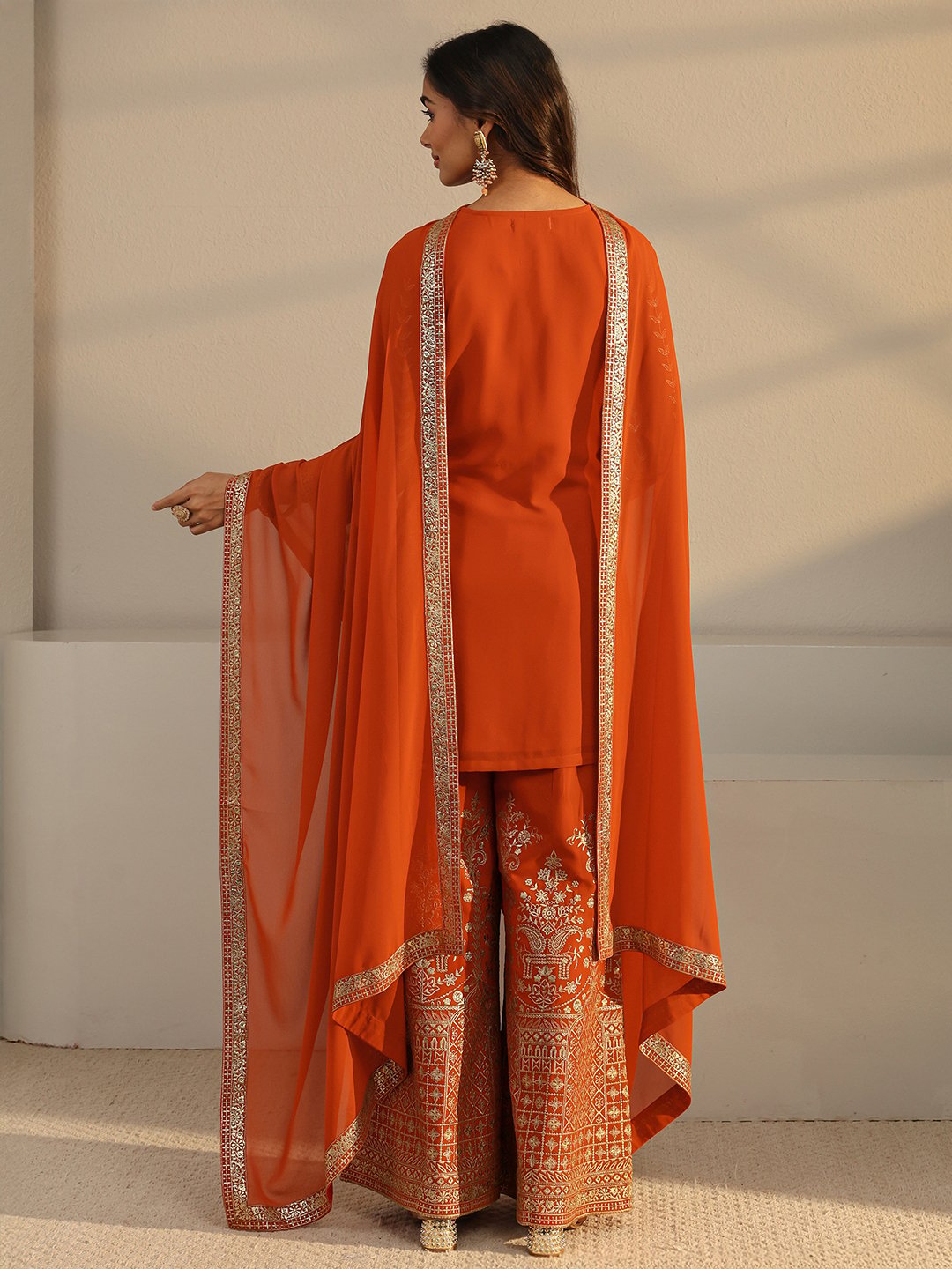 Rust Embroidered Georgette Straight-Fit Kurta, Palazzo And Dupatta Set
