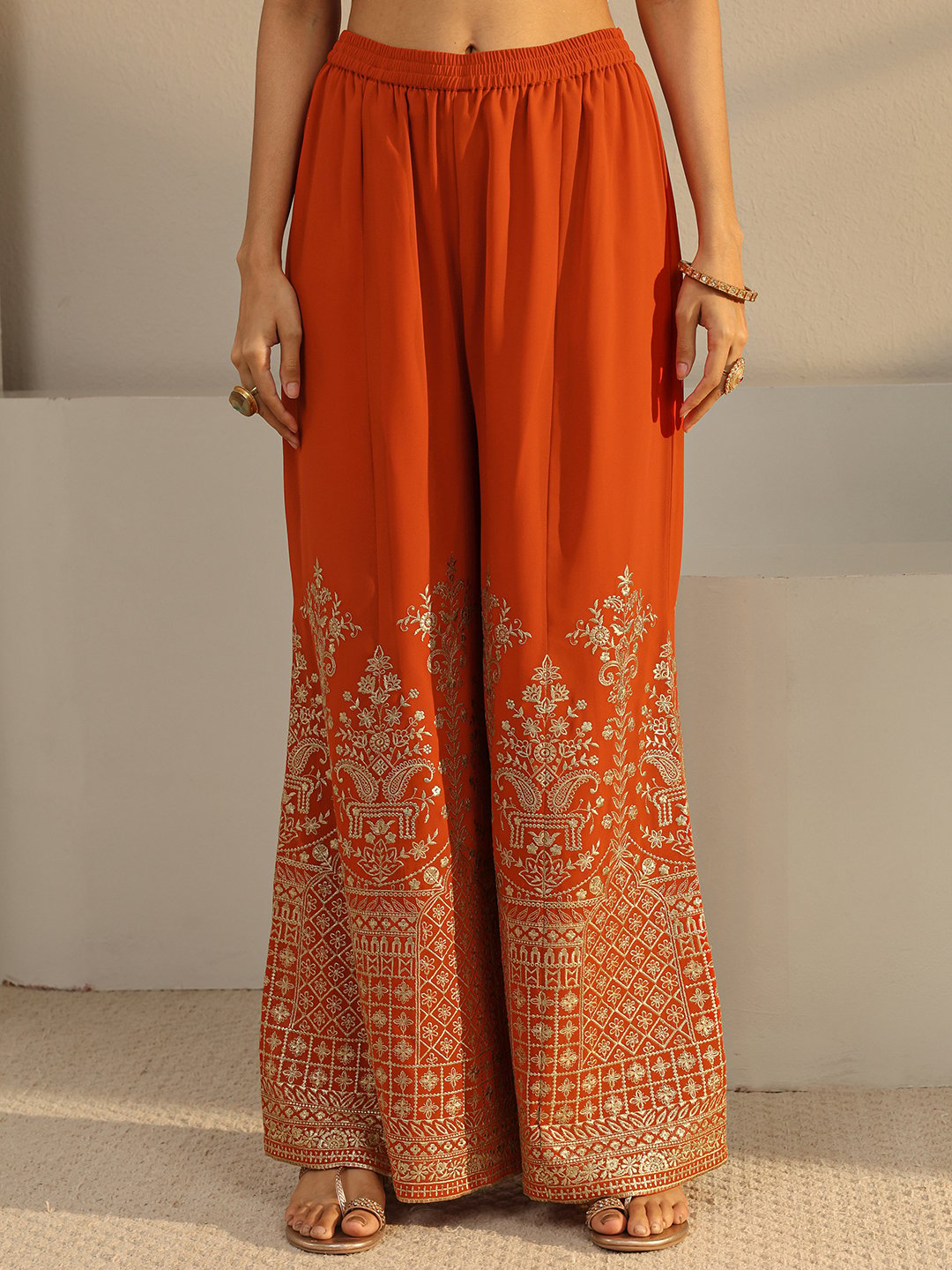 Rust Embroidered Georgette Straight-Fit Kurta, Palazzo And Dupatta Set