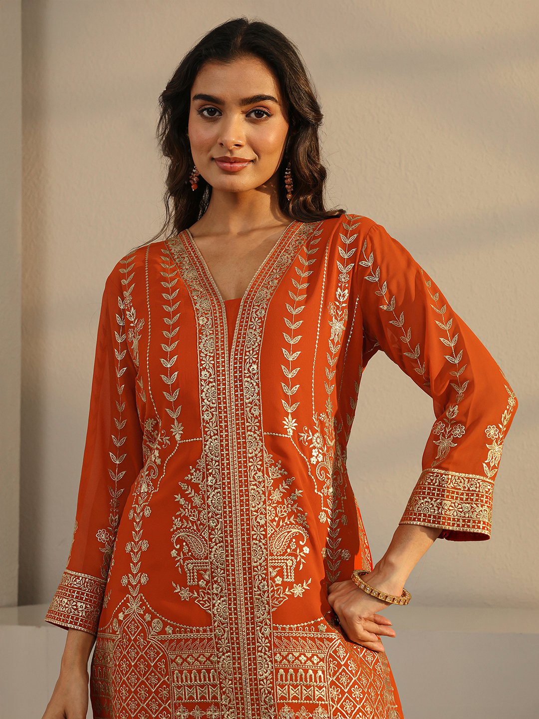 Rust Embroidered Georgette Straight-Fit Kurta, Palazzo And Dupatta Set