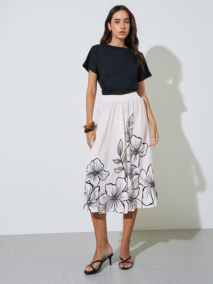 Multi-Color Floral Print A-Line Midi Skirt