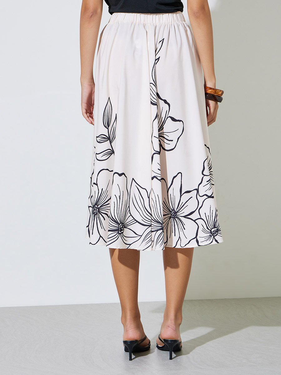 Multi-Color Floral Print A-Line Midi Skirt