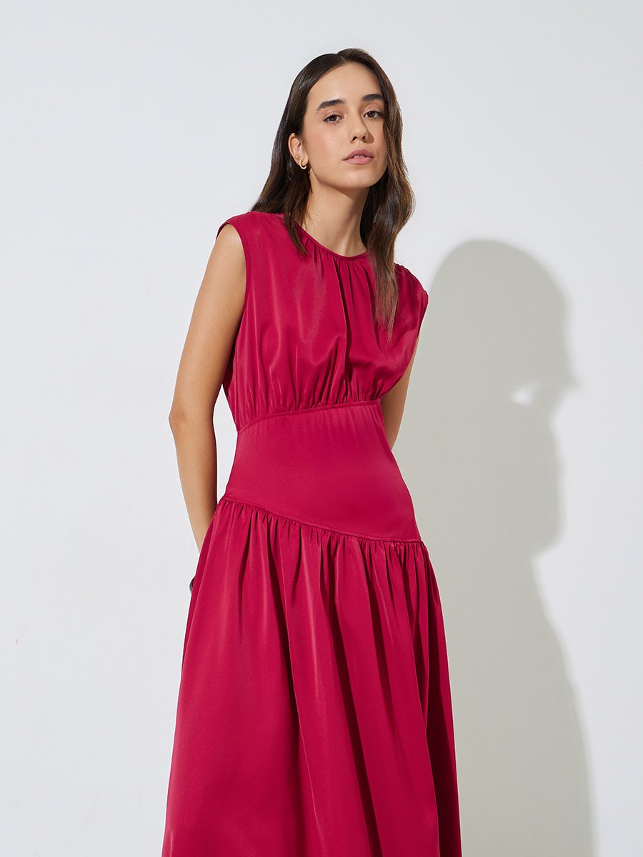 Red Gathered Sleeveless Midi Dress
