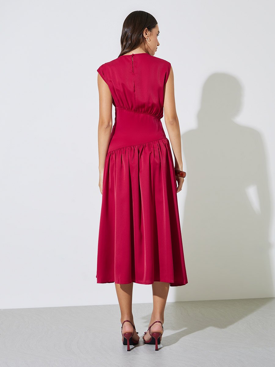 Red Gathered Sleeveless Midi Dress