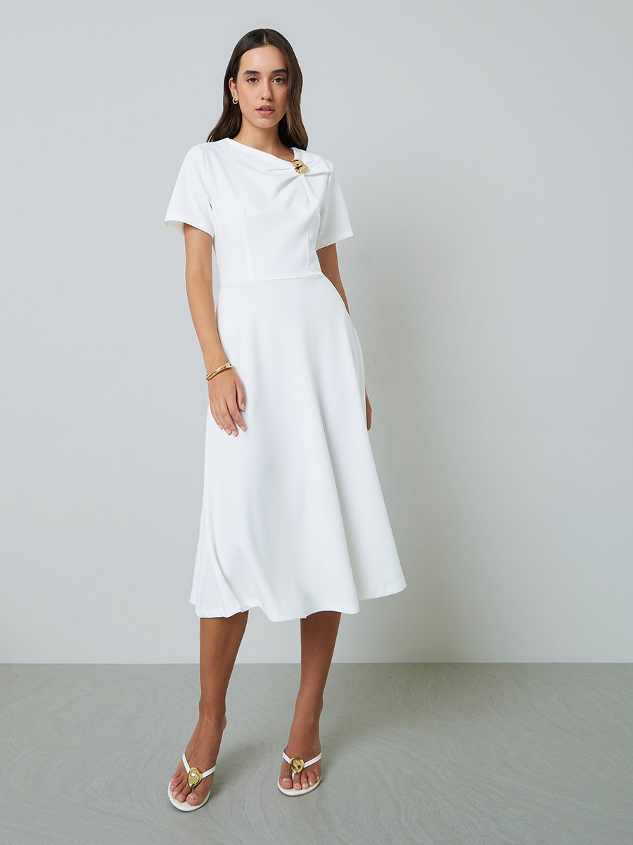 Beige Short-Sleeve A-Line Midi Dress