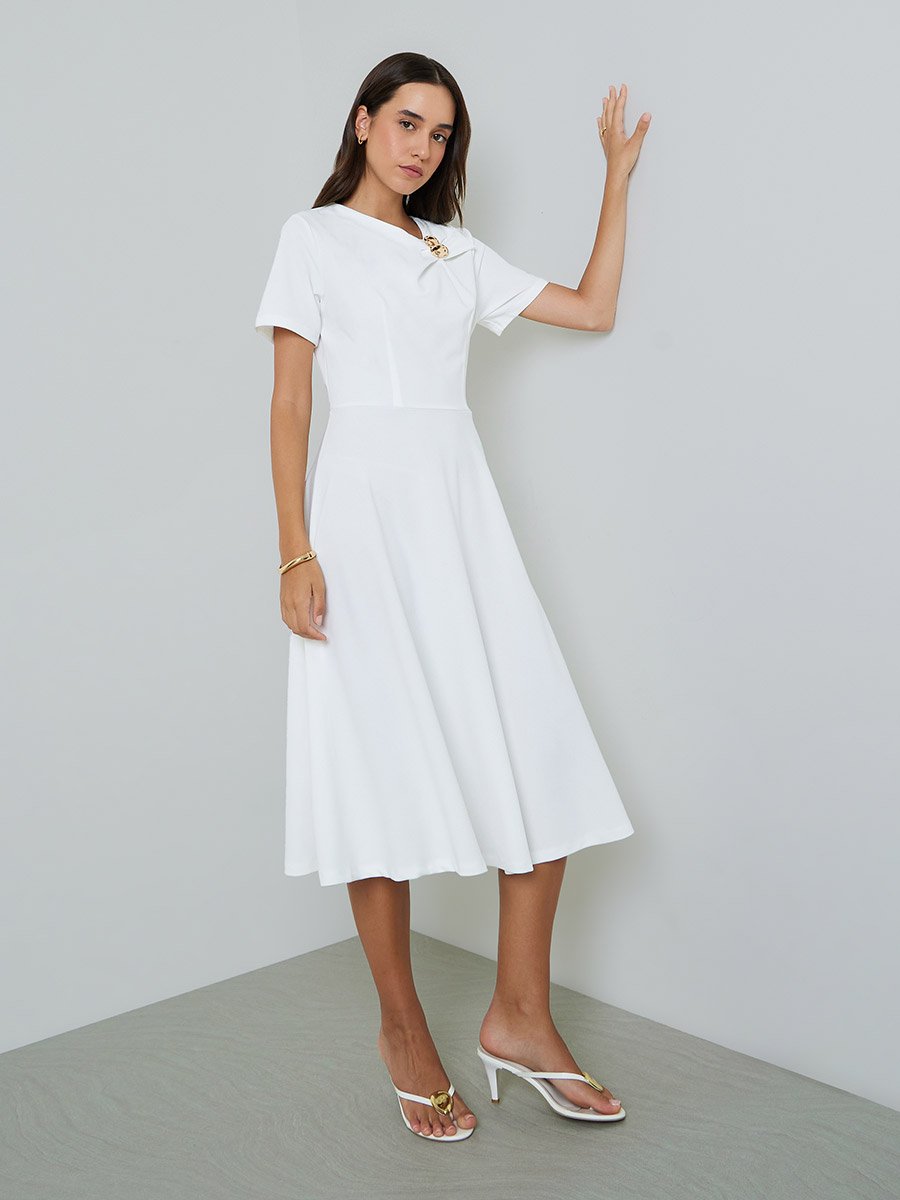 Beige Short-Sleeve A-Line Midi Dress