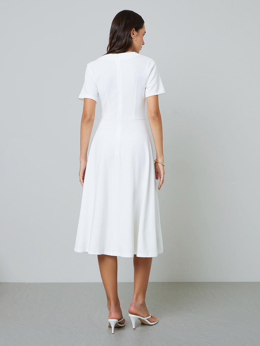 Beige Short-Sleeve A-Line Midi Dress