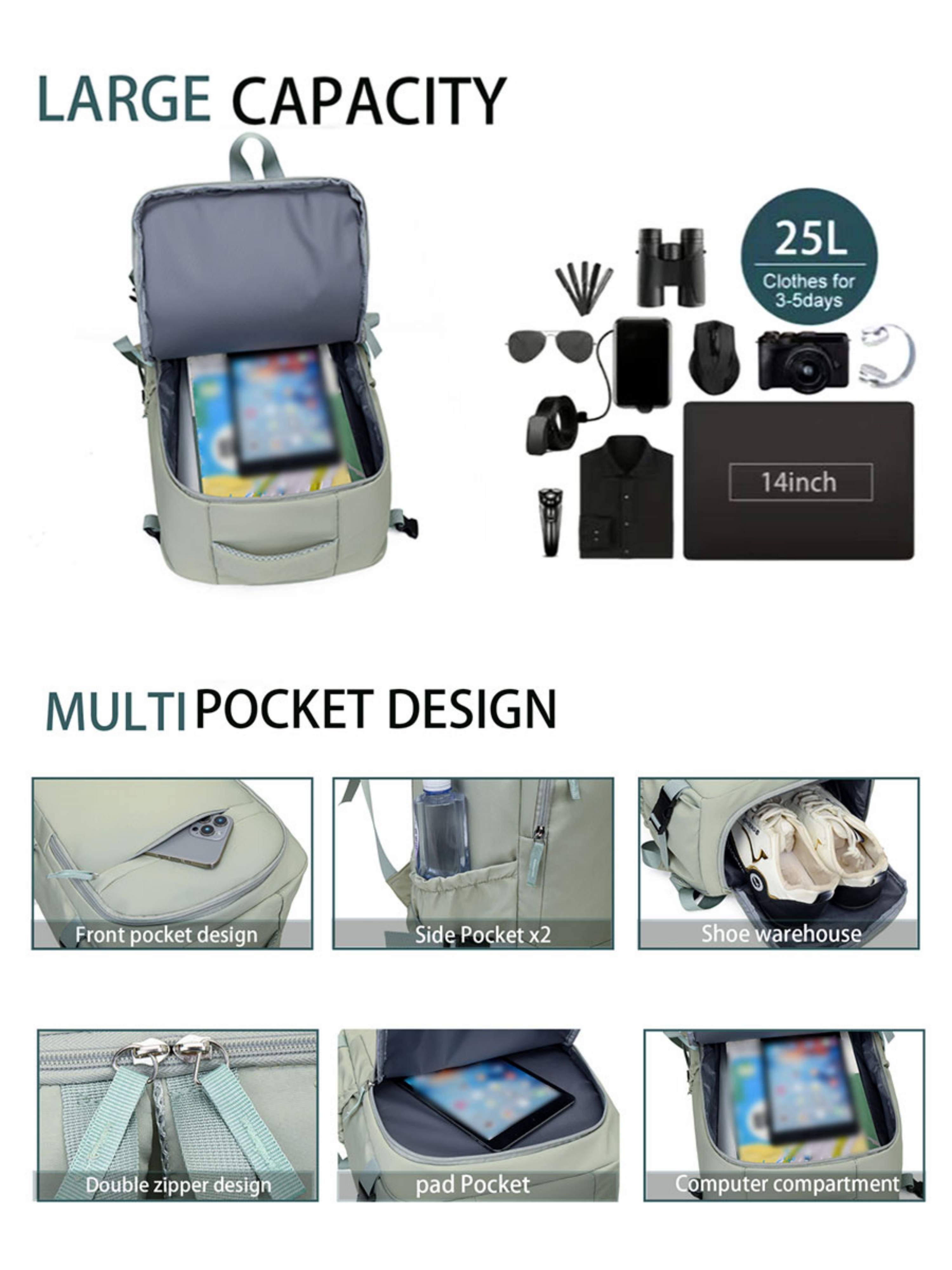 Green Backpack with Shoe Compartment