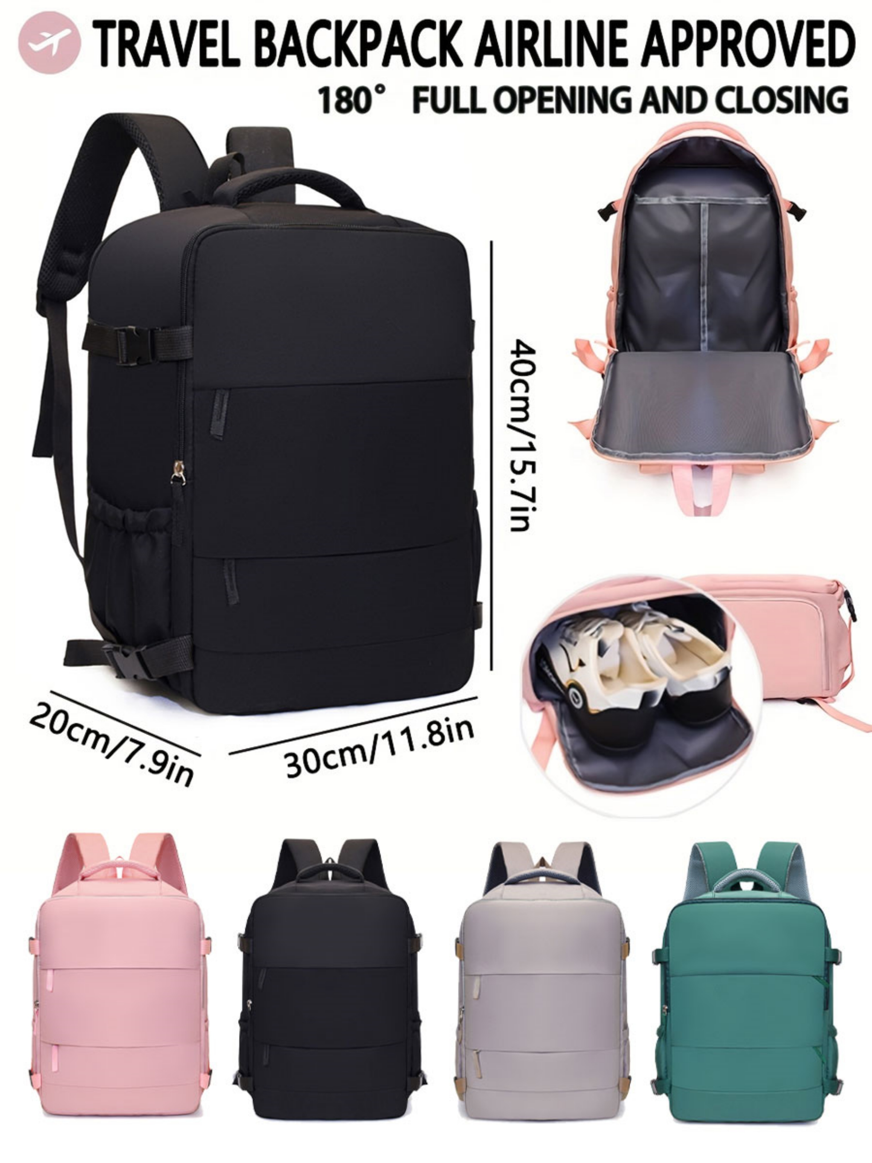 Black Travel Backpack with Shoe Compartment
