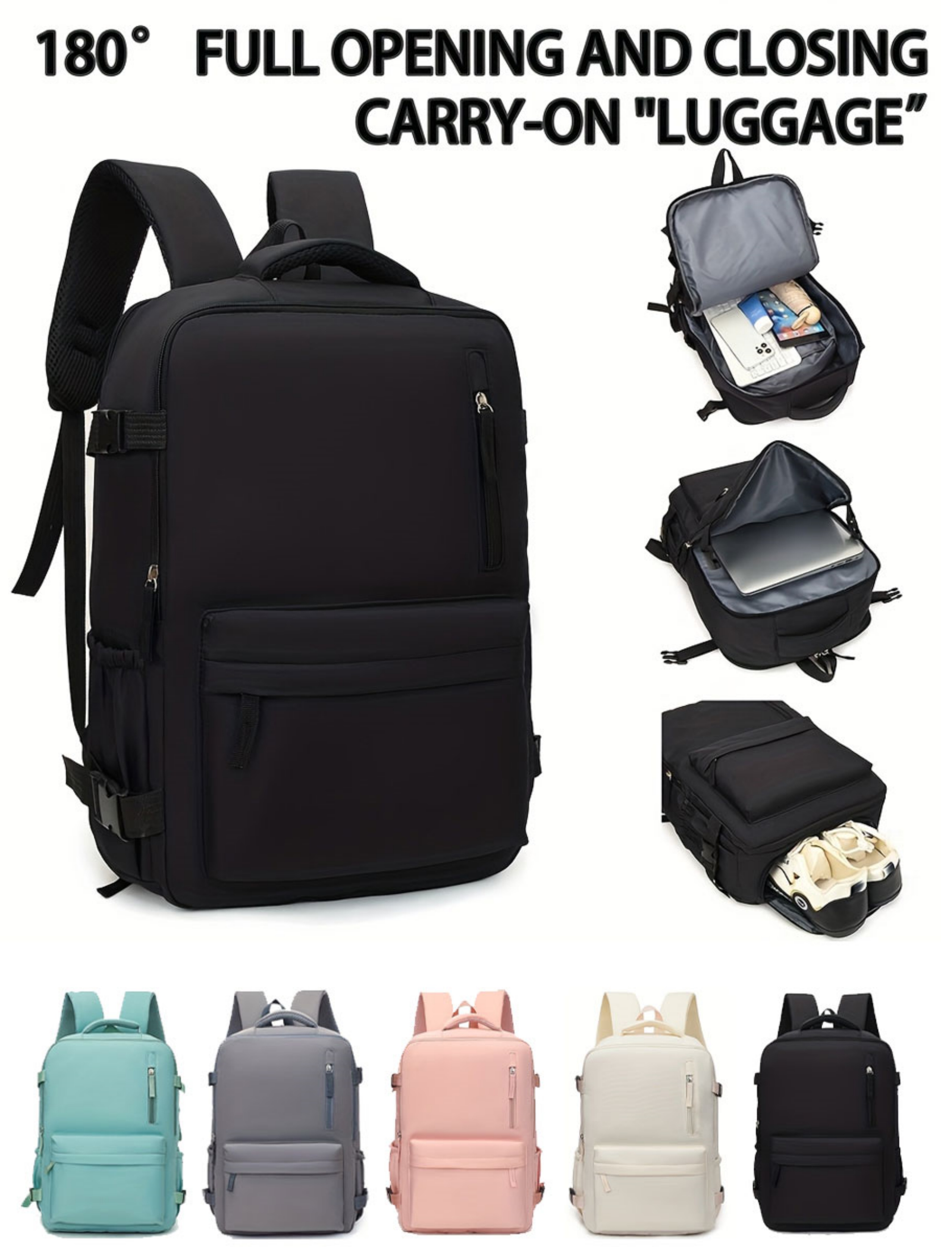 Black Travel Backpack with Shoe Compartment