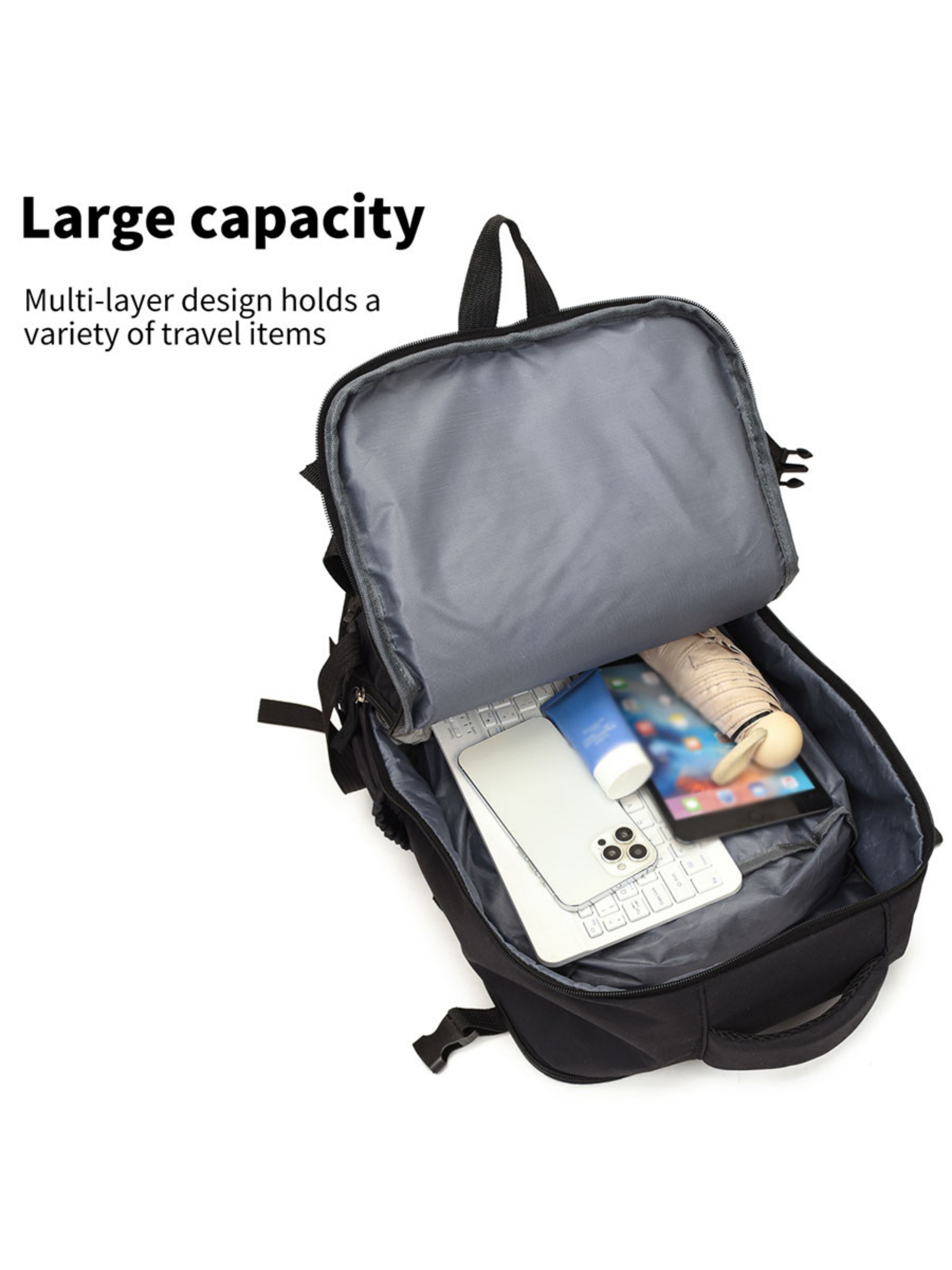 Black Travel Backpack with Shoe Compartment