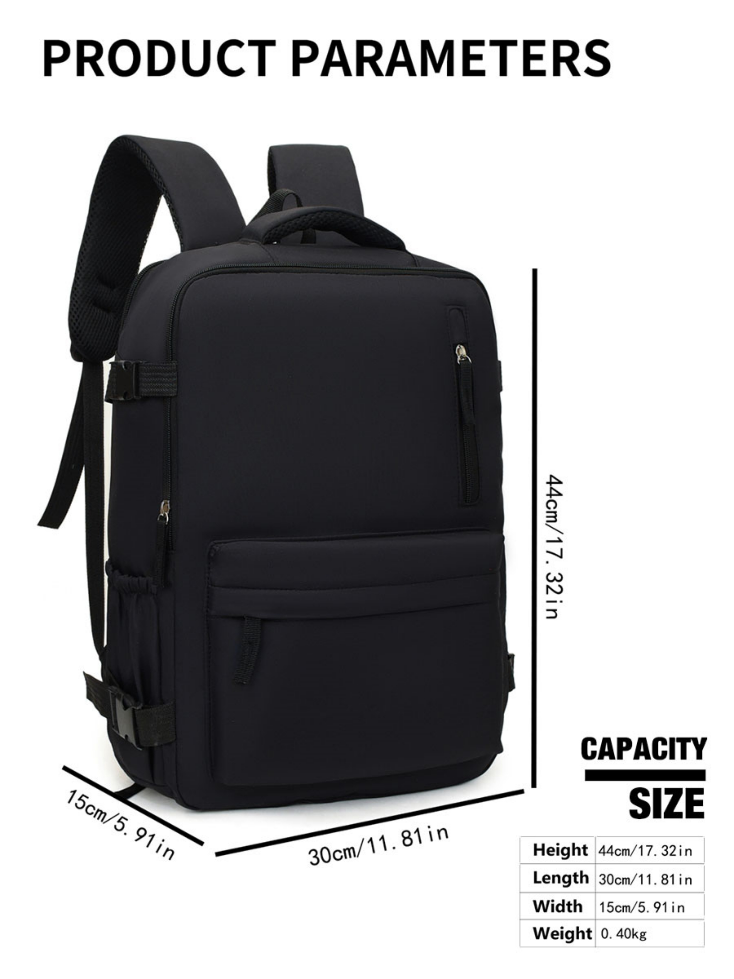 Black Travel Backpack with Shoe Compartment