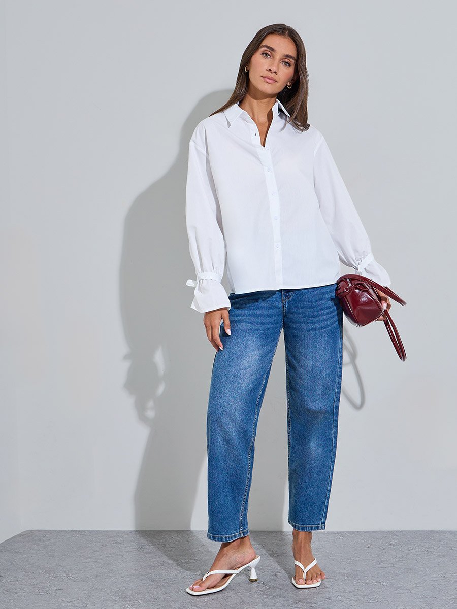 Off White Solid Tie-Up Detail Cuffed Long Sleeves Shirt