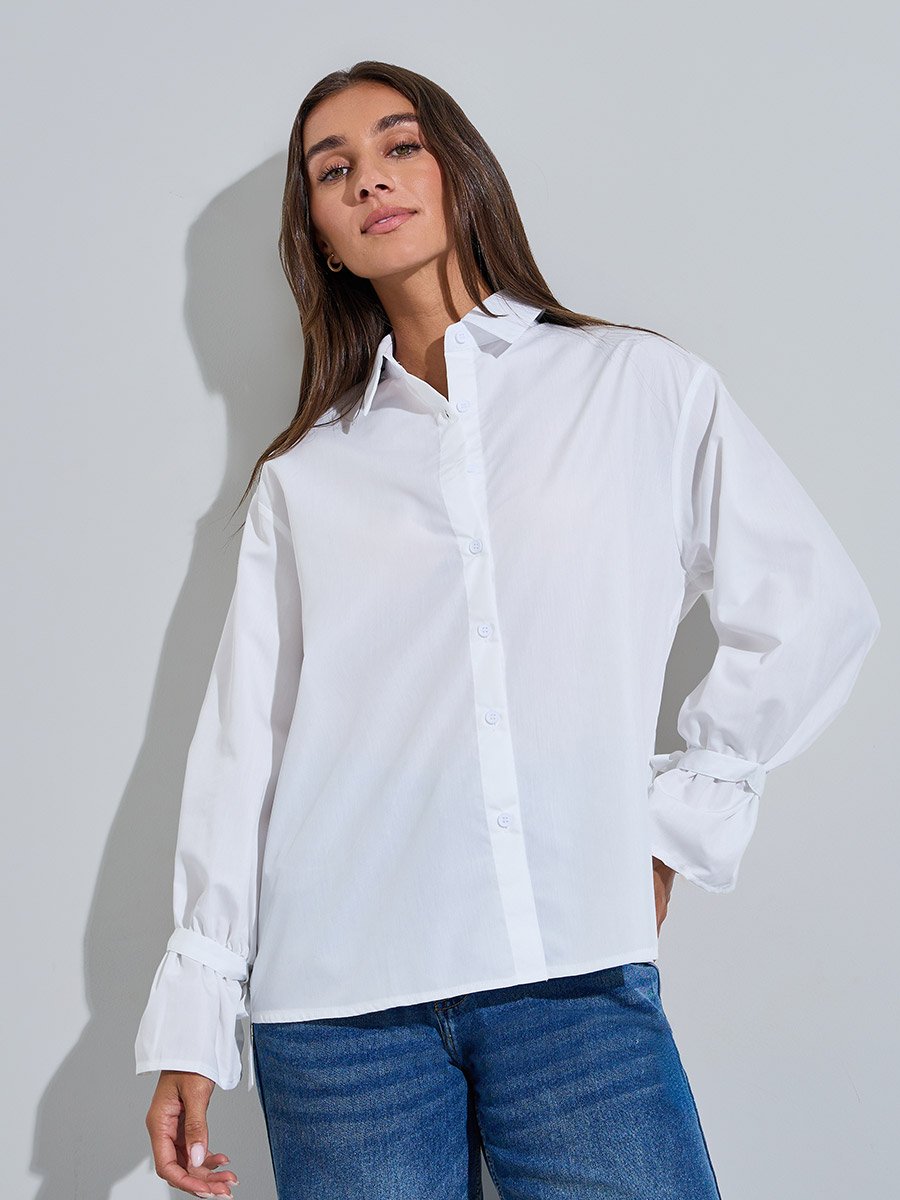 Off White Solid Tie-Up Detail Cuffed Long Sleeves Shirt
