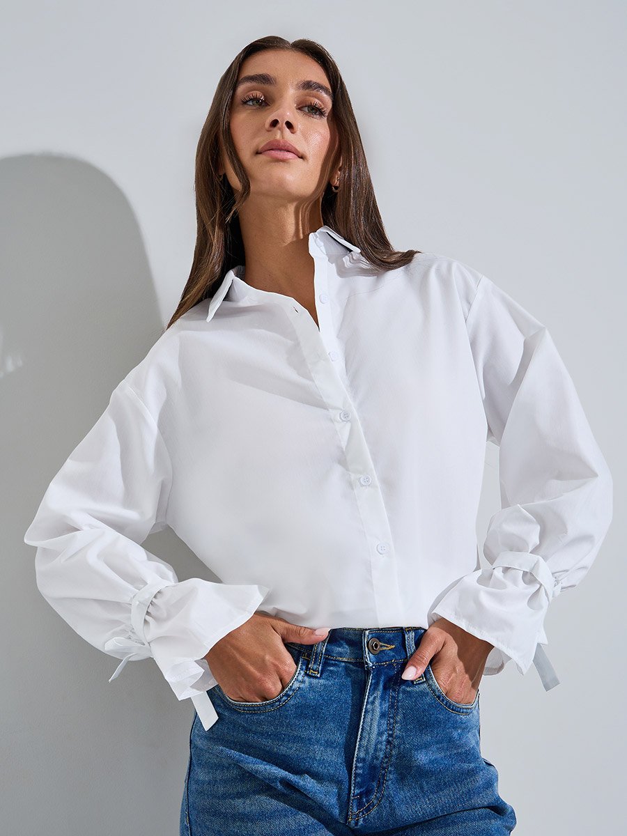 Off White Solid Tie-Up Detail Cuffed Long Sleeves Shirt