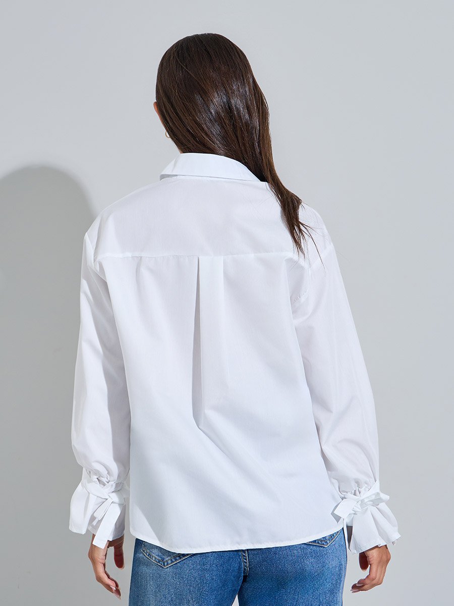 Off White Solid Tie-Up Detail Cuffed Long Sleeves Shirt