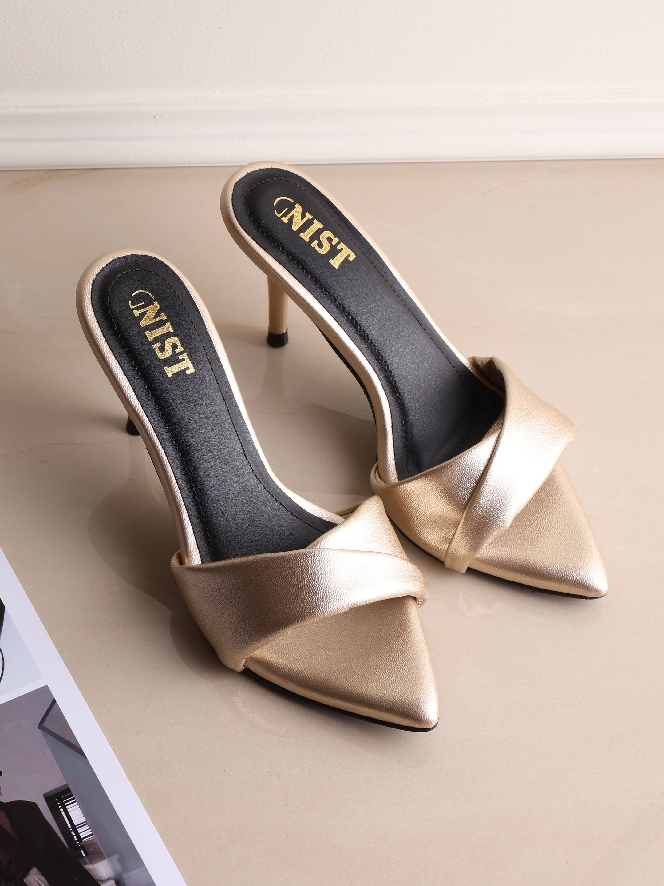 Gold Twisted Strap Mid-Heel Sandals