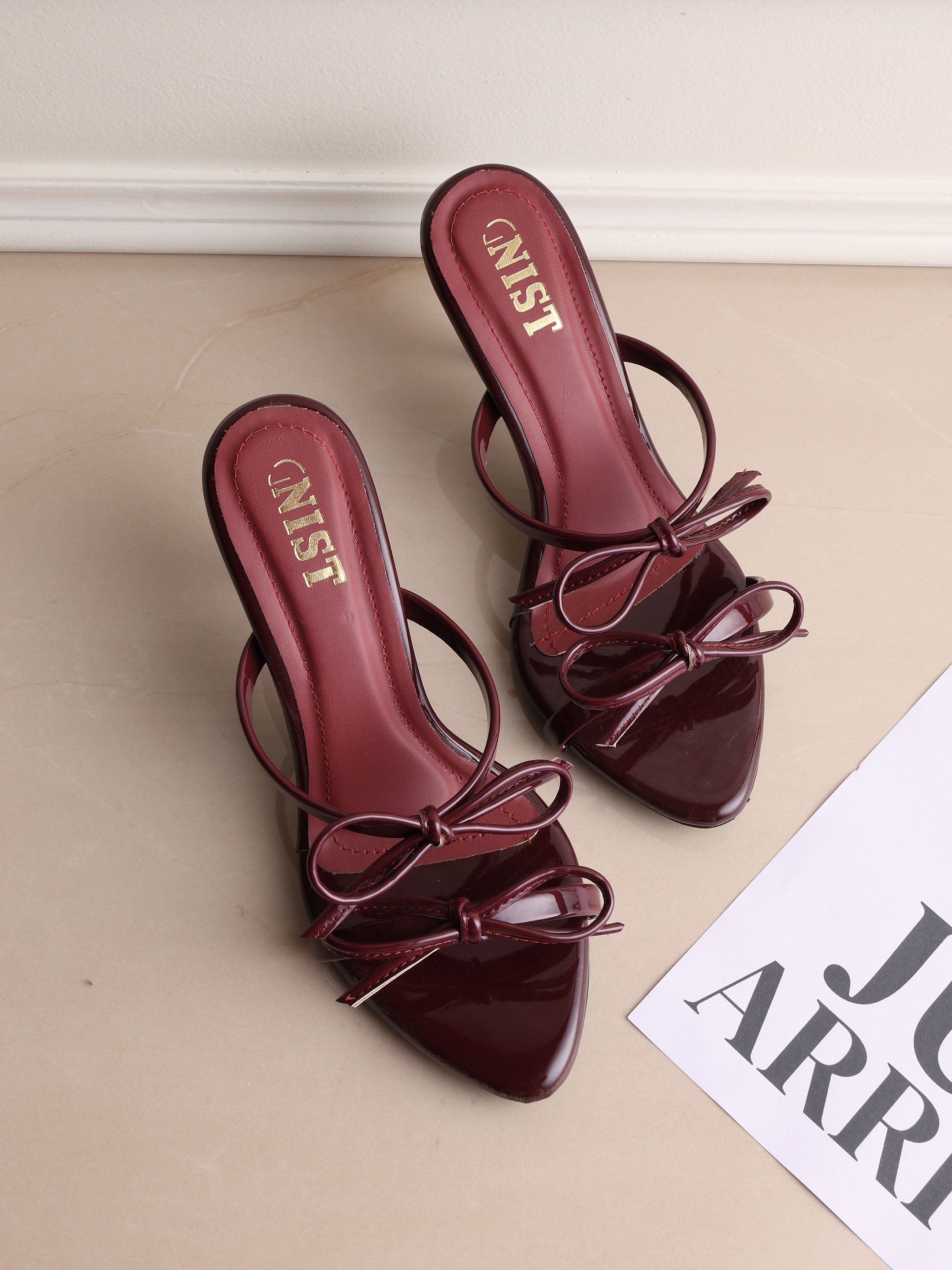 Burgundy High Heel Sandals with Bow Detail