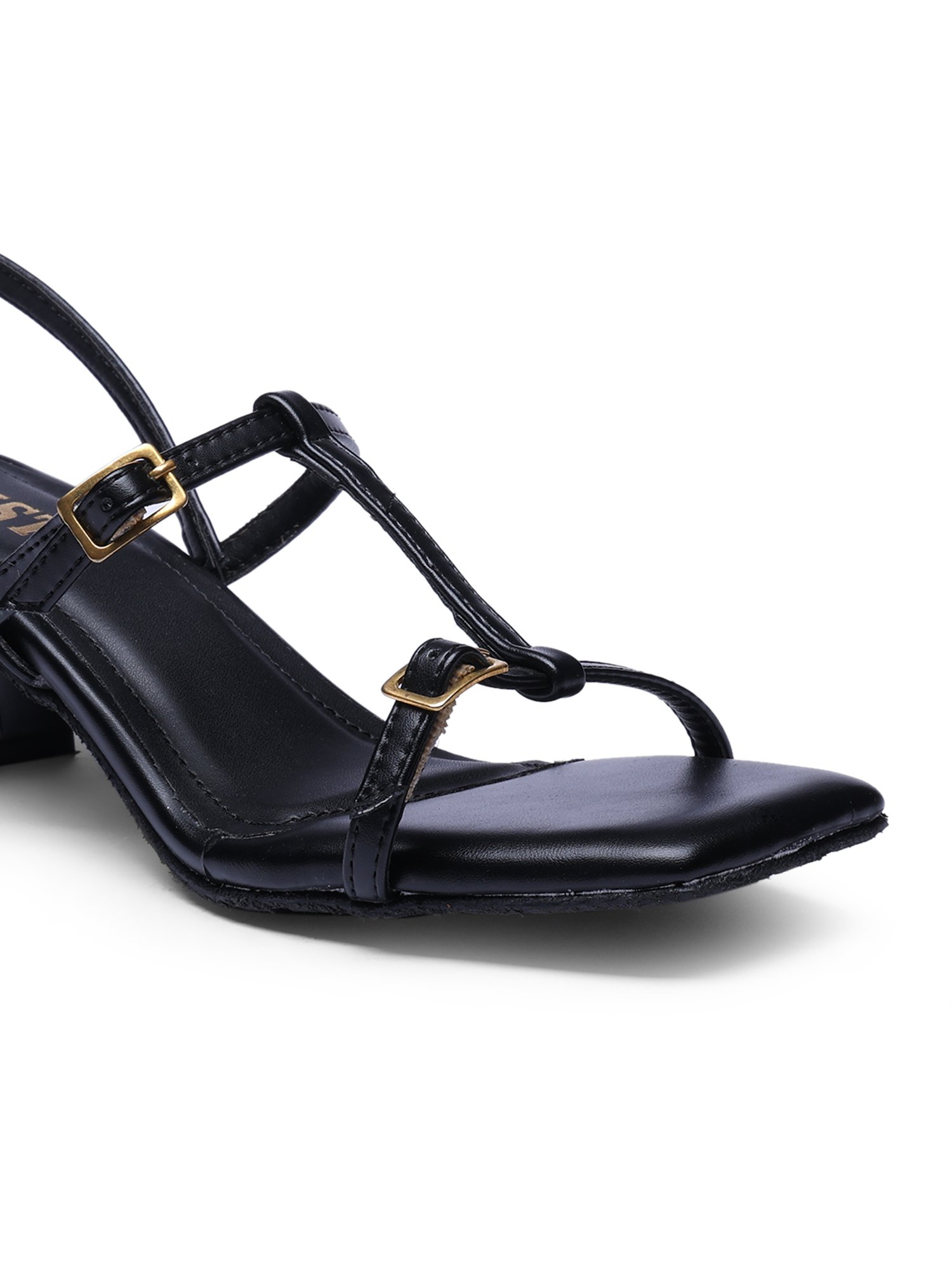 Black Mid-Heel T-Strap Sandals