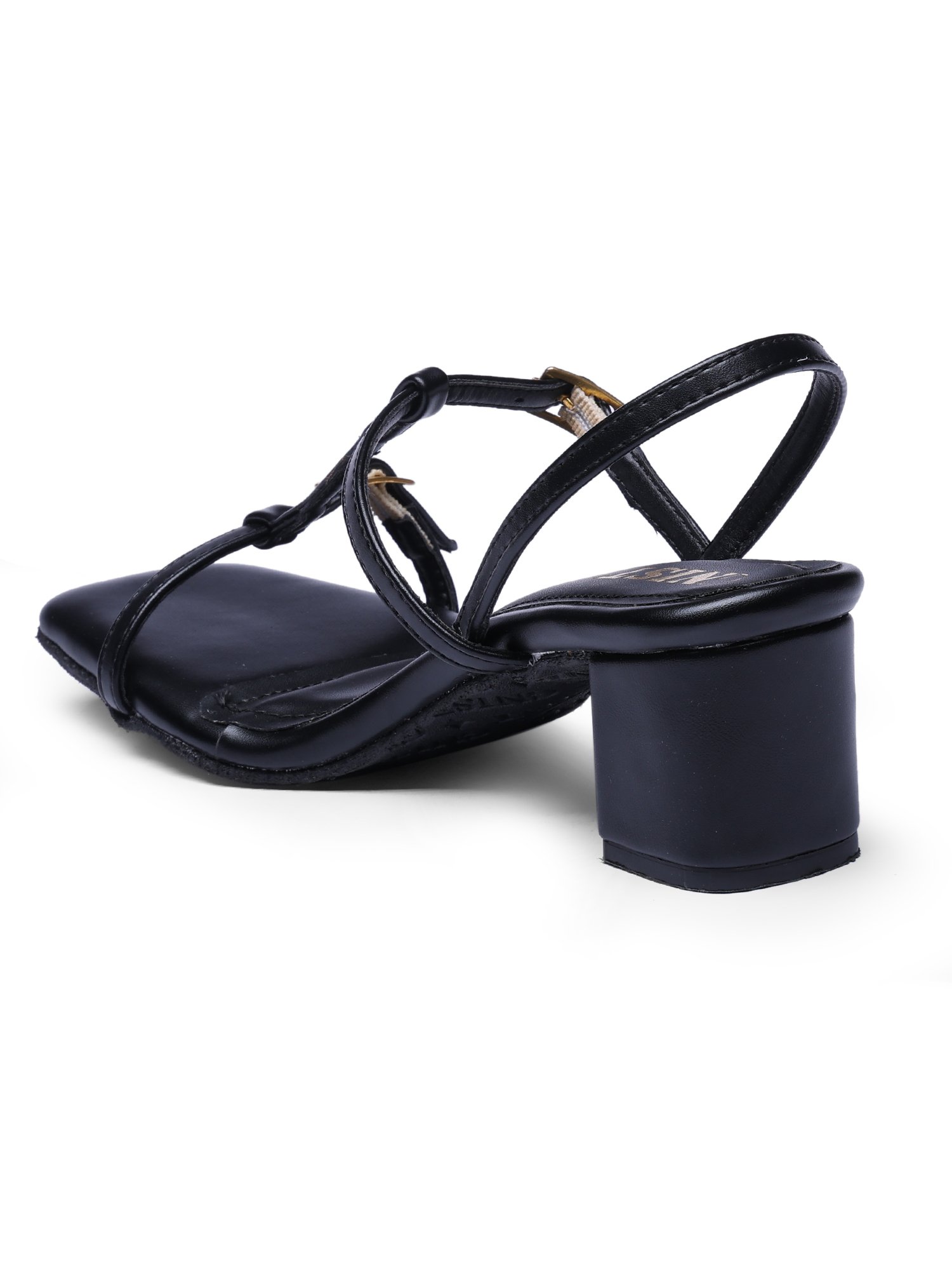 Black Mid-Heel T-Strap Sandals