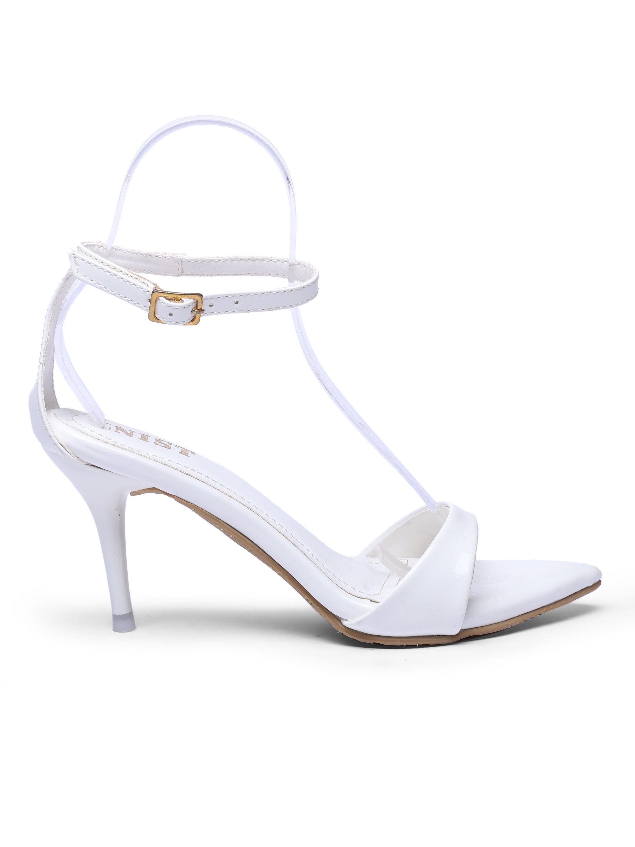 White Ankle Strap Mid Heel Sandals