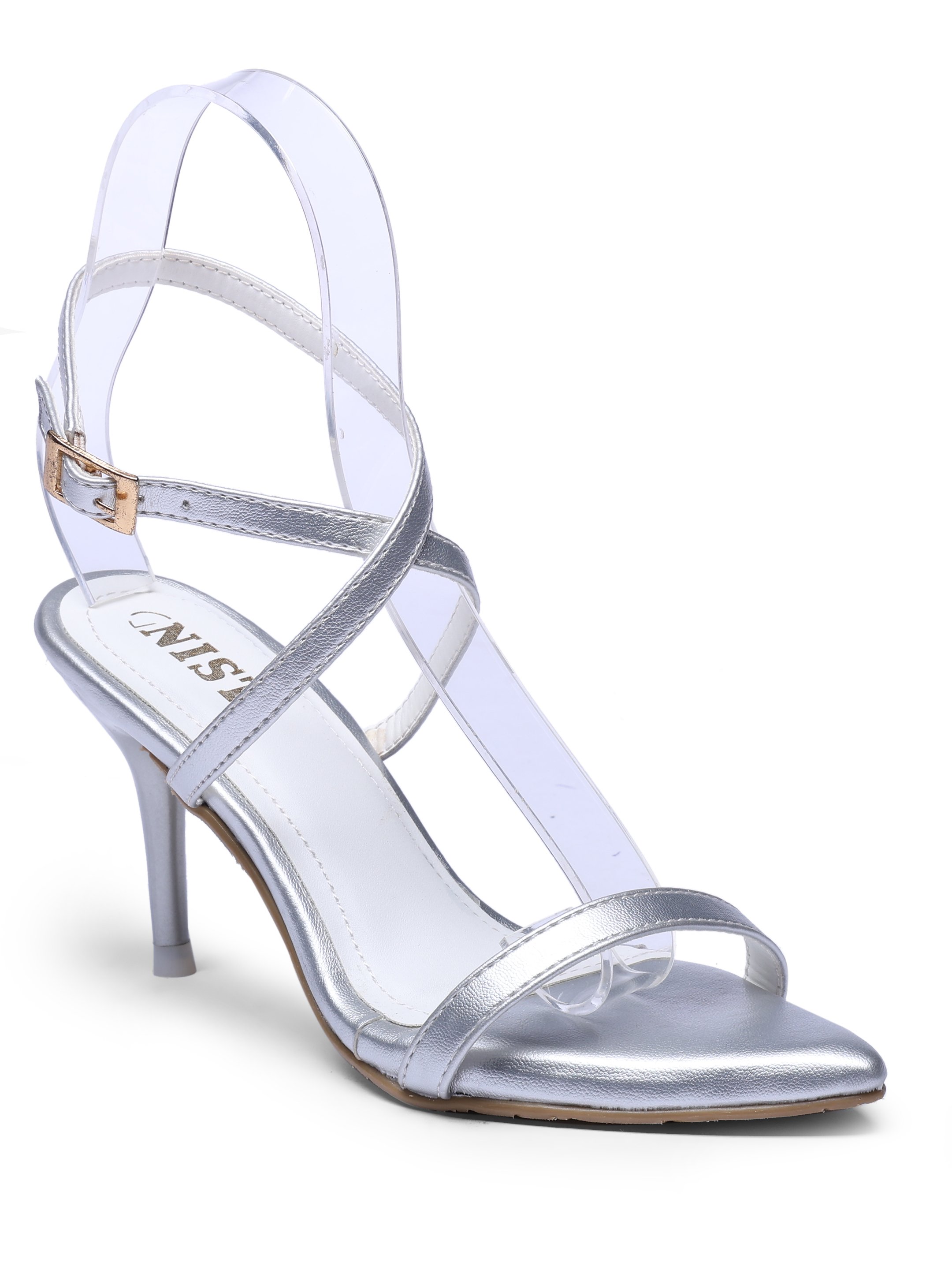 Silver Mid-Heel Sandals with Ankle Strap