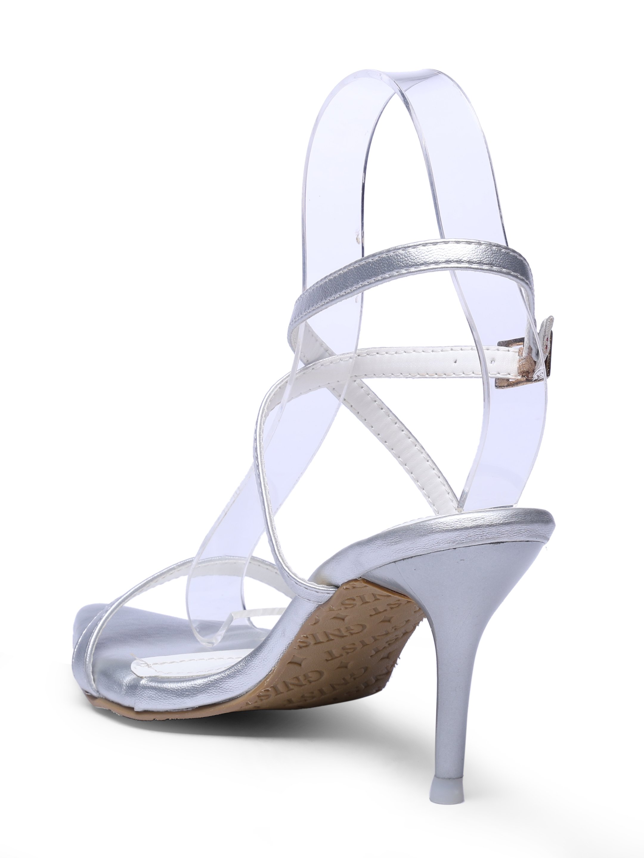 Silver Mid-Heel Sandals with Ankle Strap