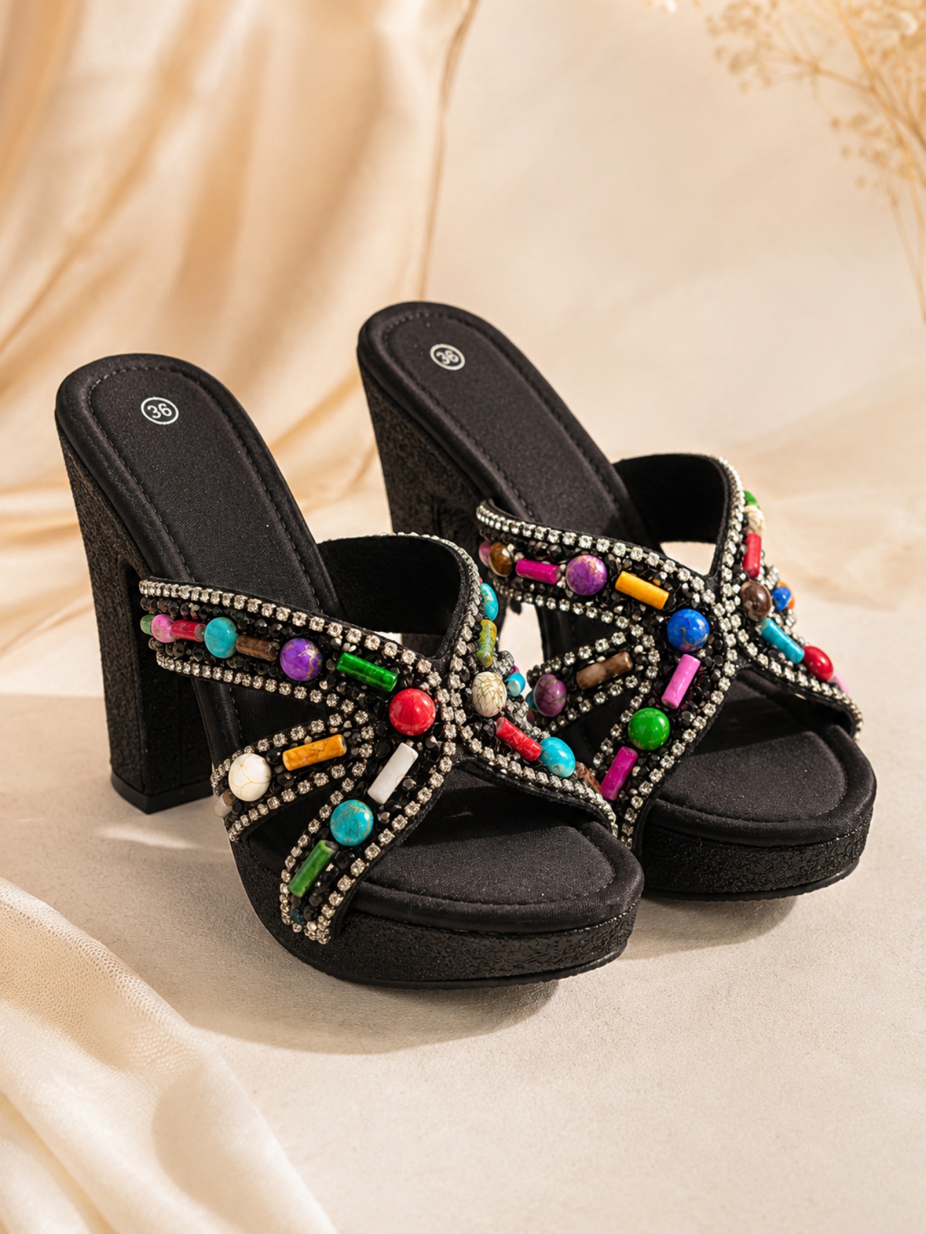 Black Beaded and Rhinestone Cross Strap Platform High Heel Sandals