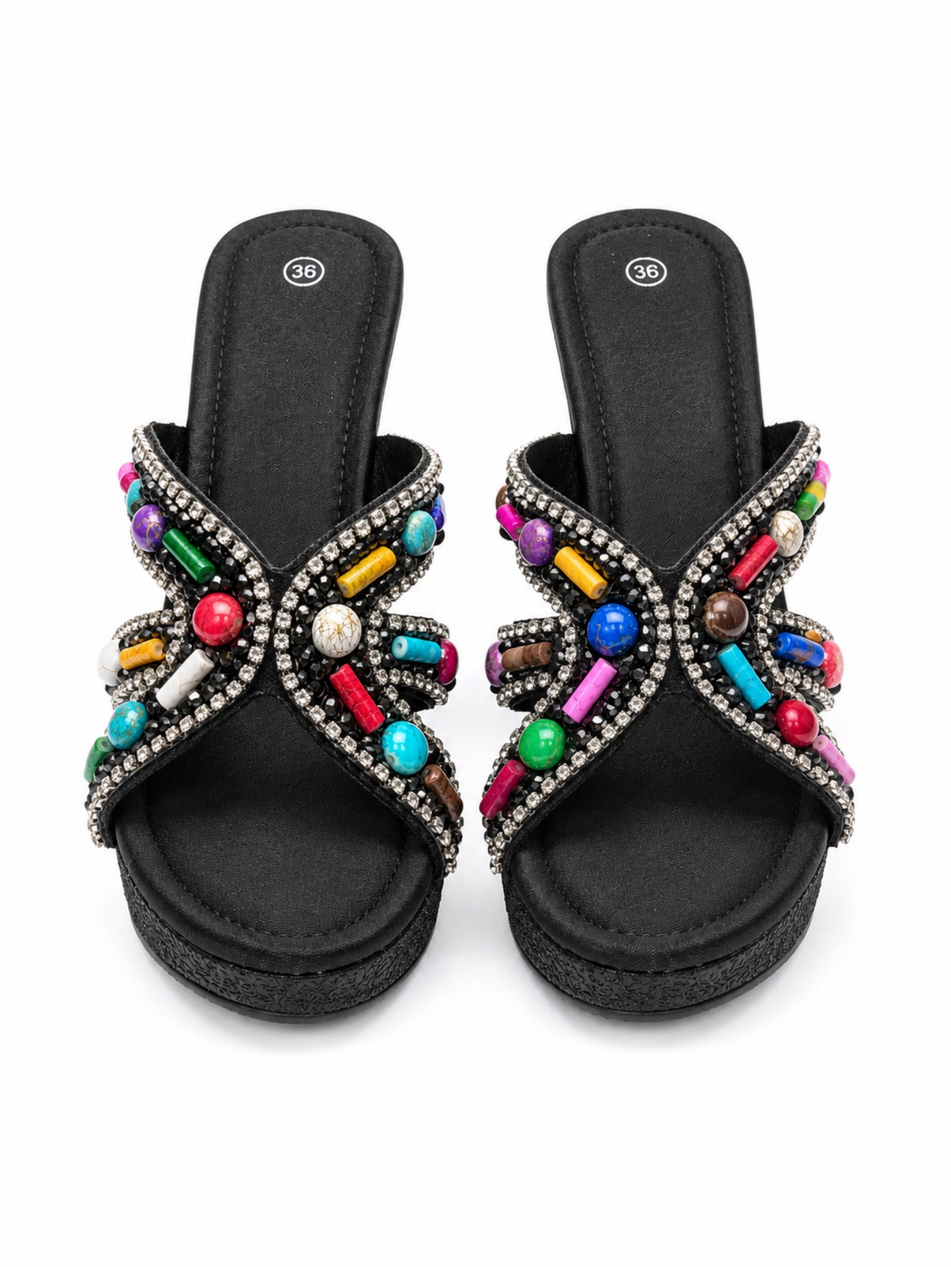 Black Beaded and Rhinestone Cross Strap Platform High Heel Sandals