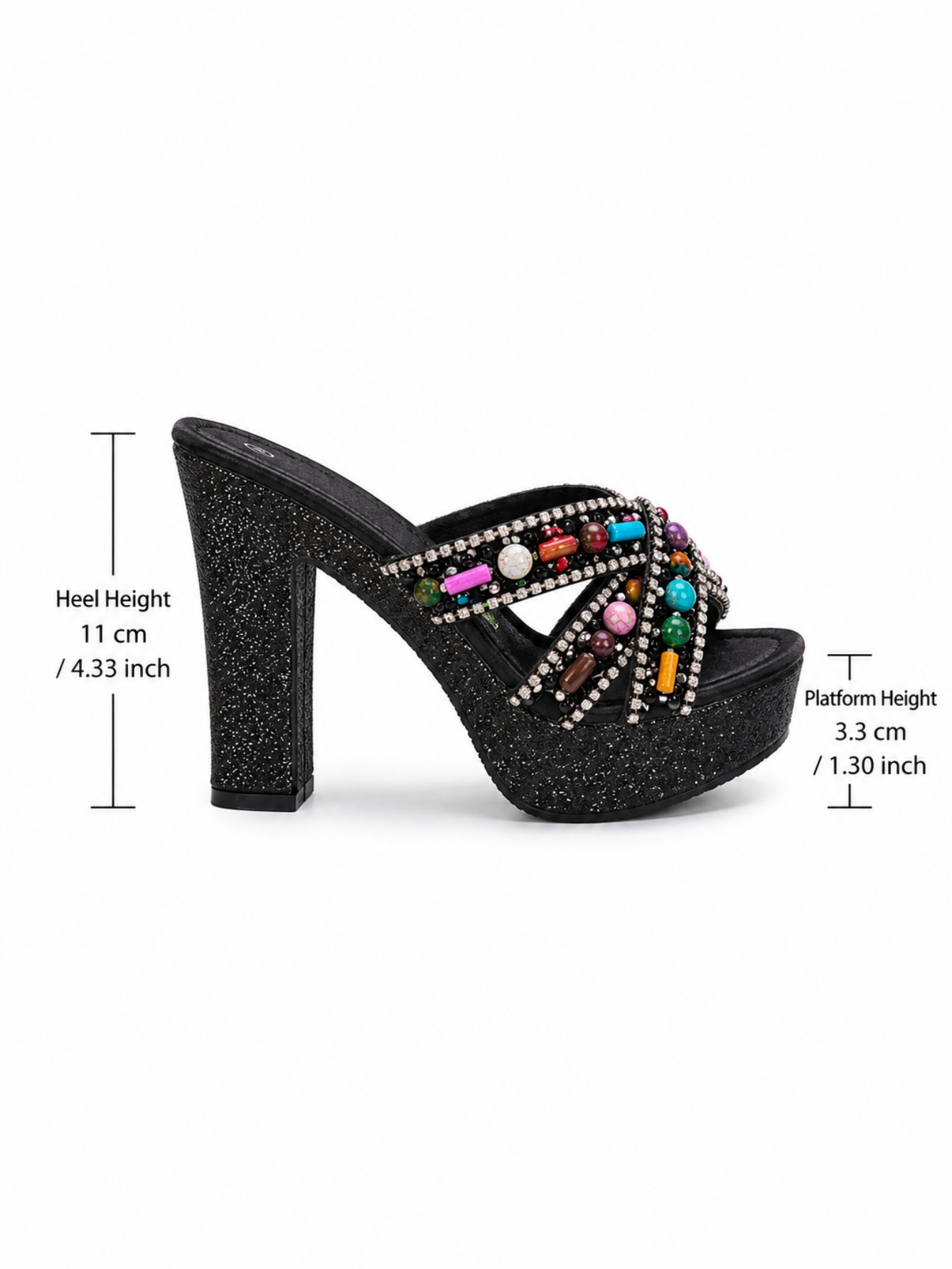 Black Beaded and Rhinestone Cross Strap Platform High Heel Sandals