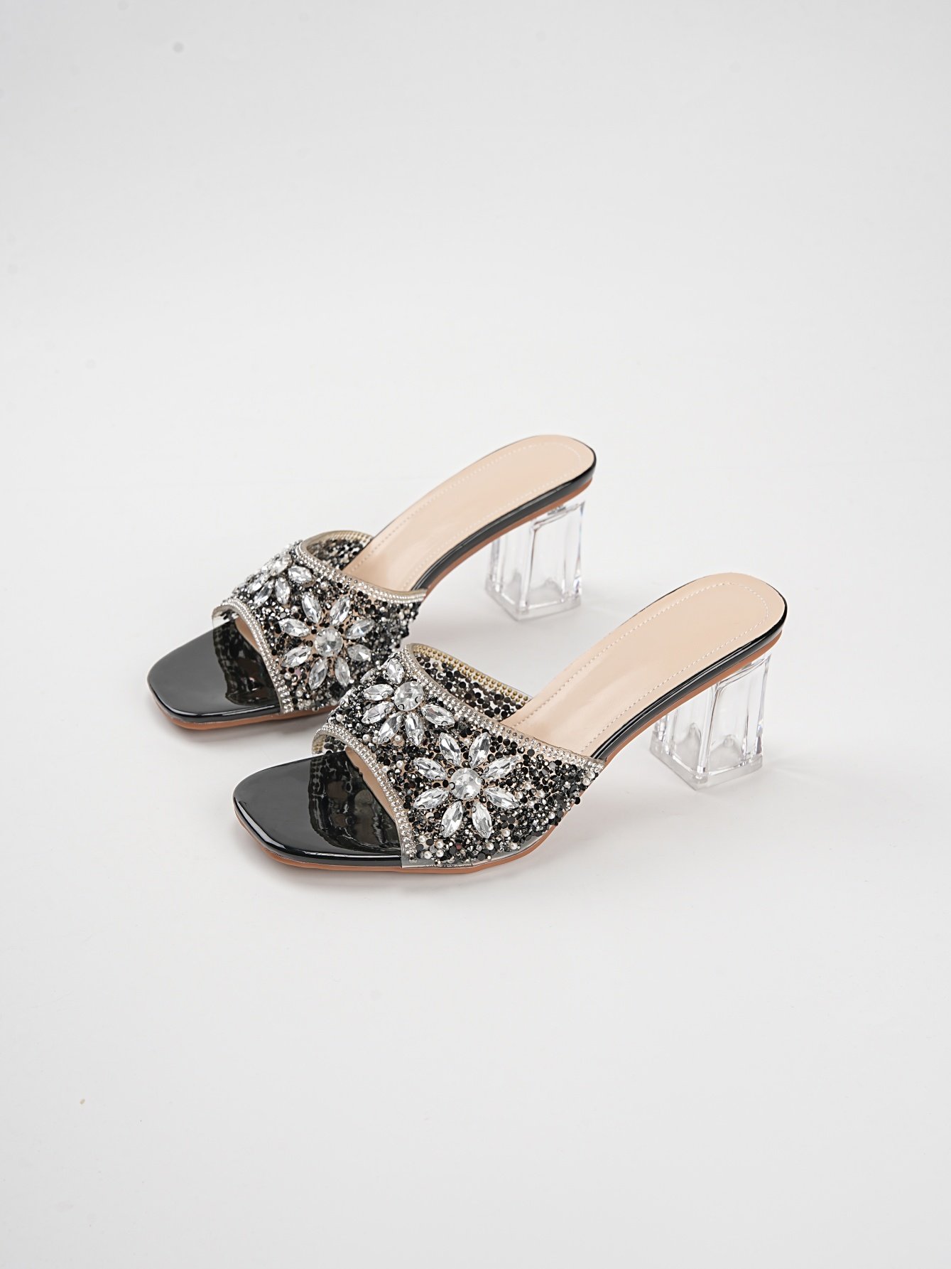 Black Rhinestone Block Heel Sandals