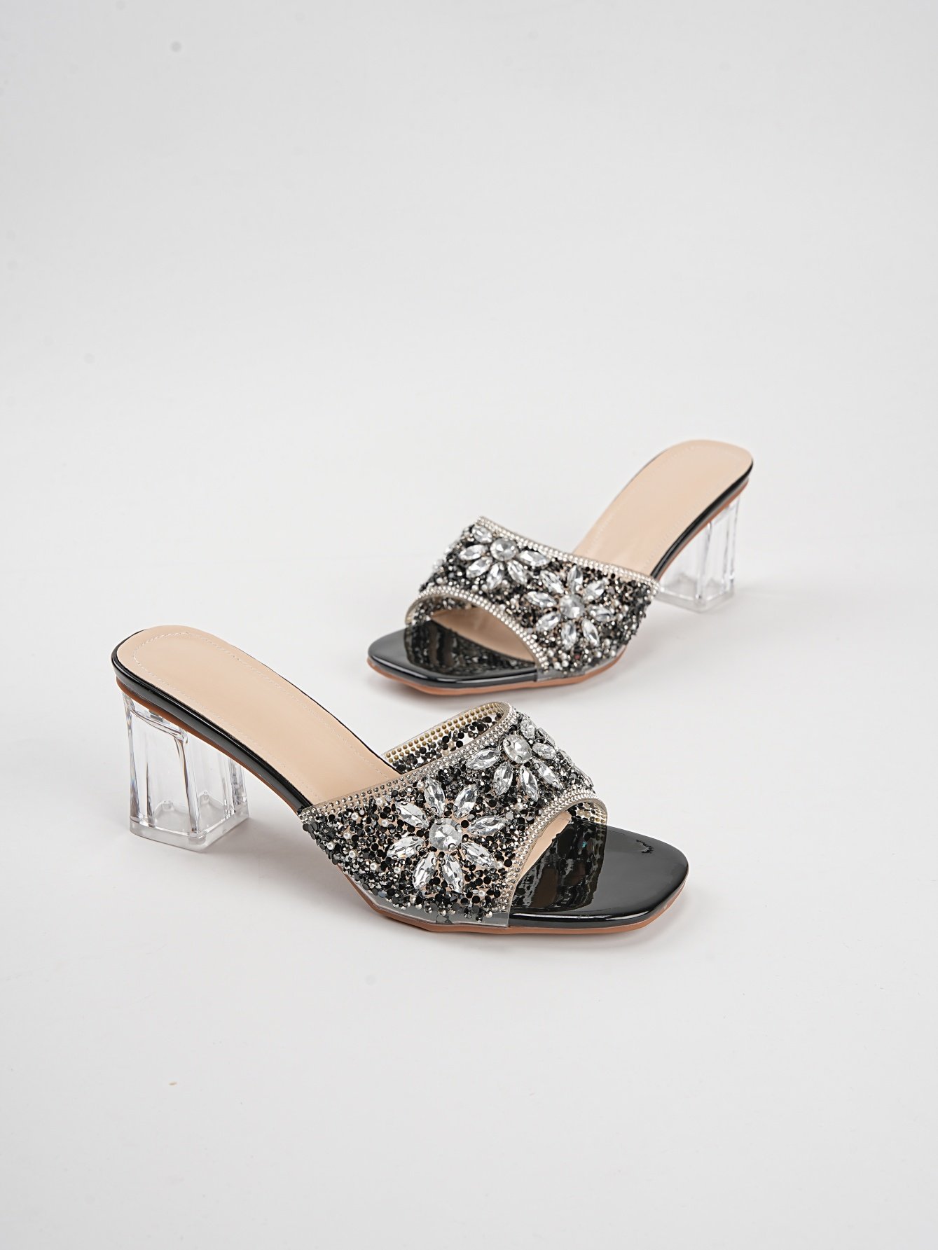 Black Rhinestone Block Heel Sandals