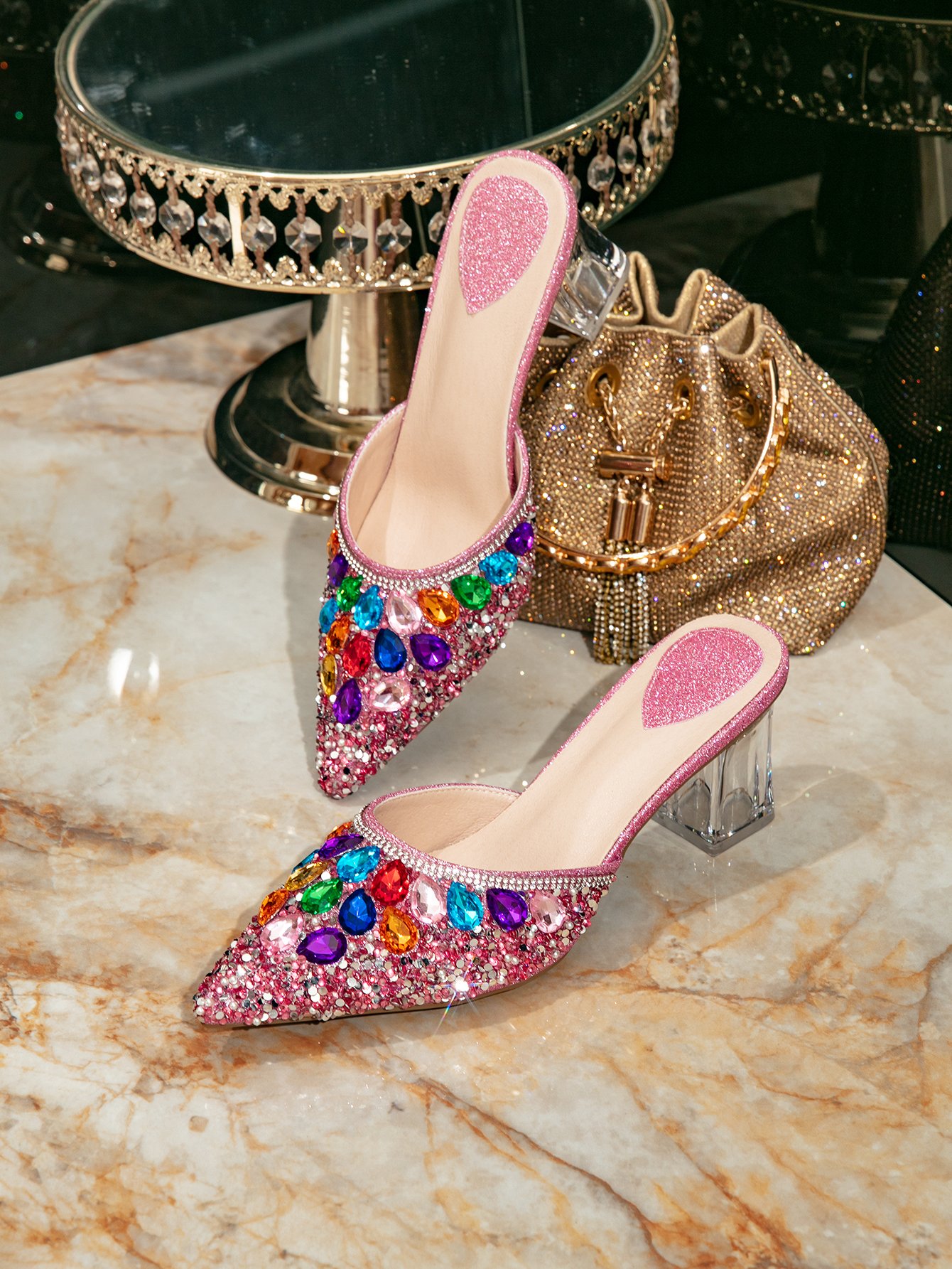 Pink Glitter Embellished Pointed Toe High Heel Sandals