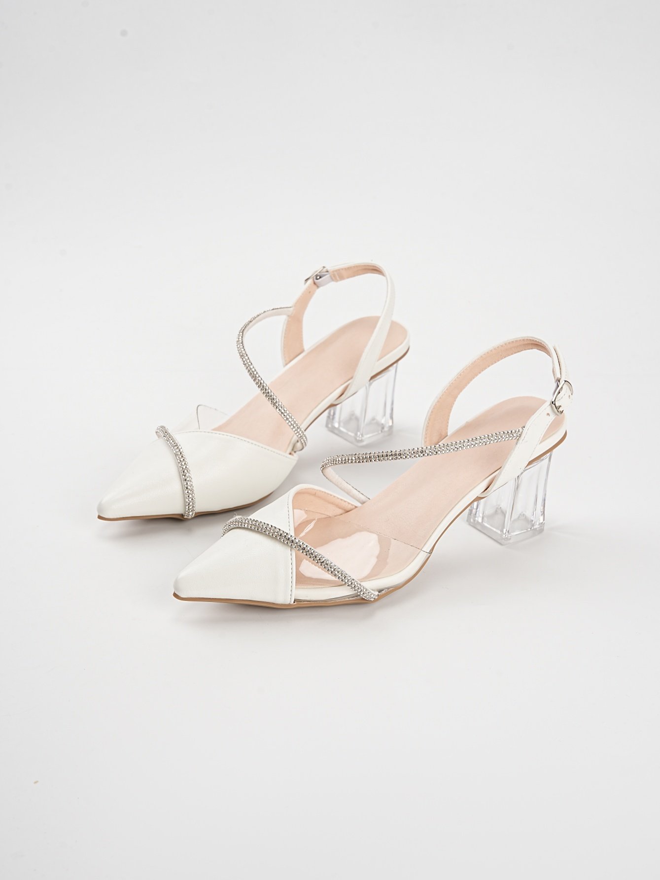 White Rhinestone Strap Pointed Toe Sandals with Clear Block Heel