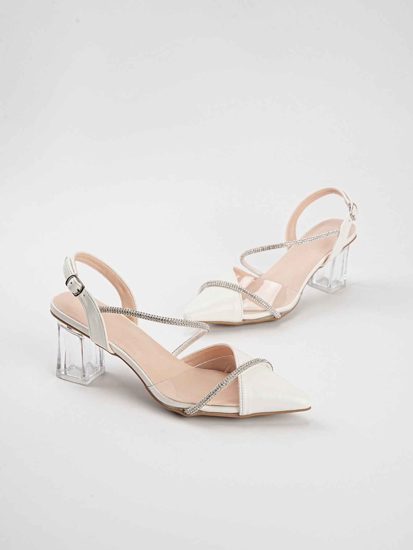 White Rhinestone Strap Pointed Toe Sandals with Clear Block Heel