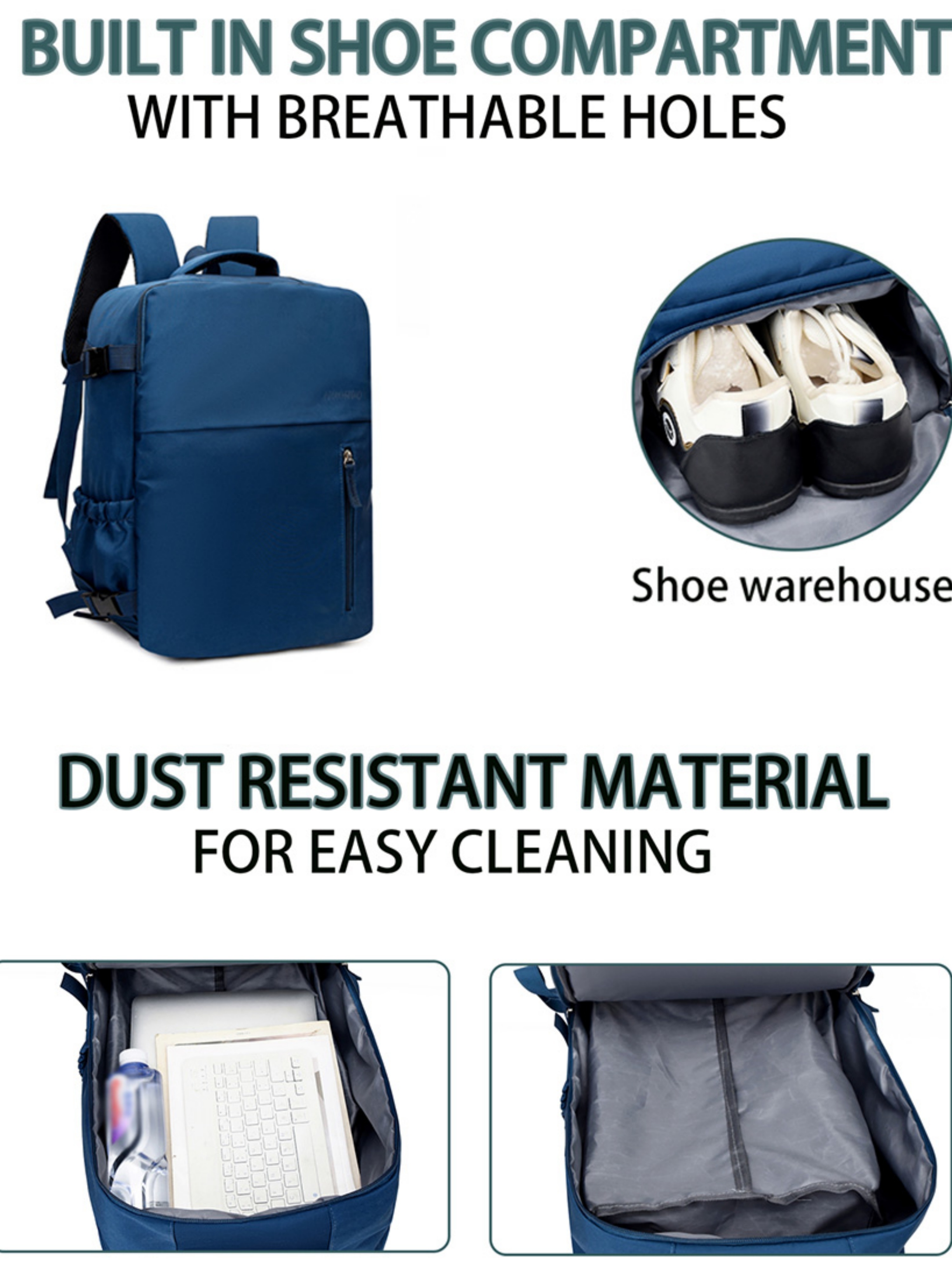 Dark Blue Plain Backpack with Shoe Compartment