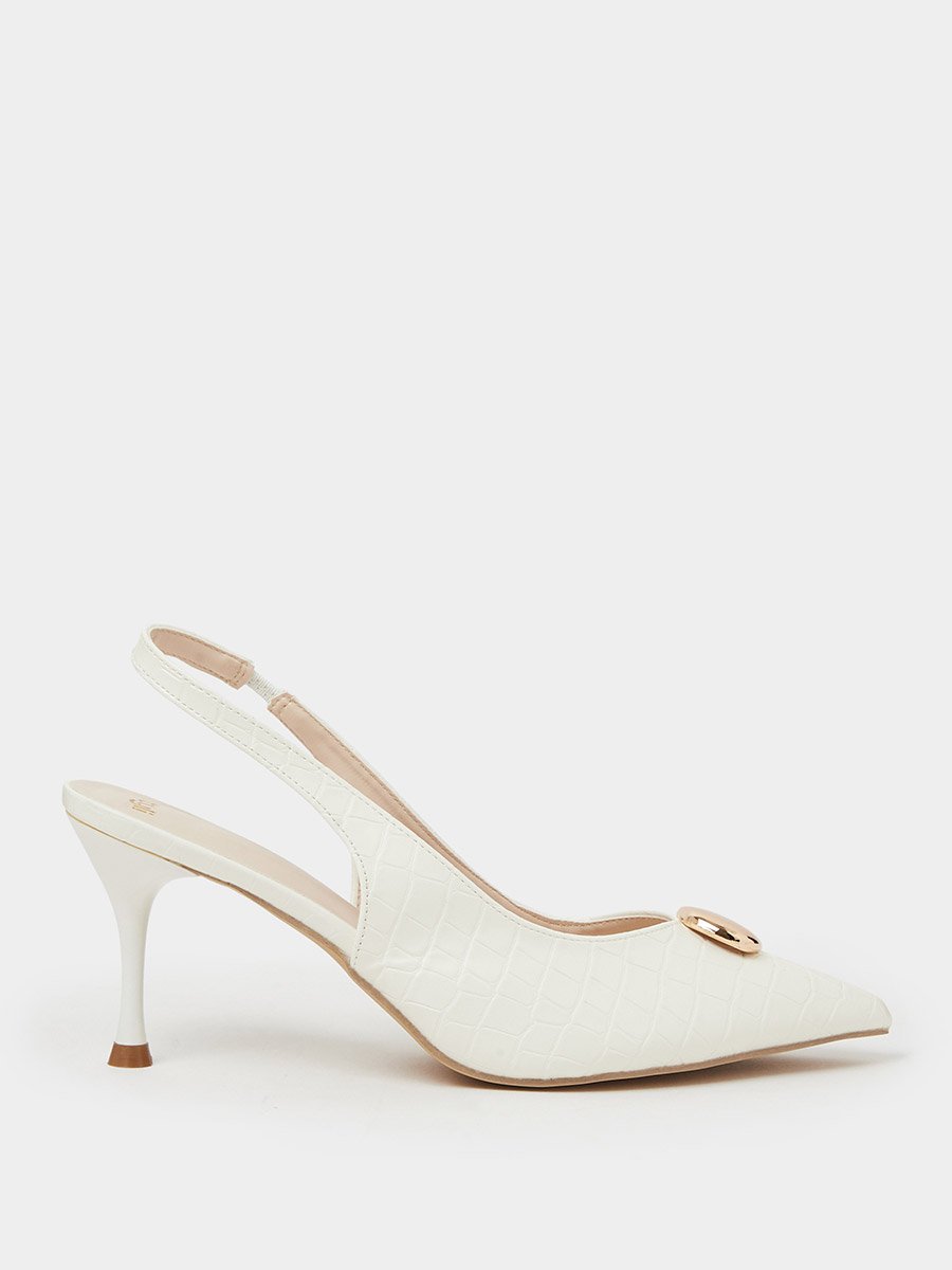 White Croc-Embossed Gold Detail High-Heel Slingbacks