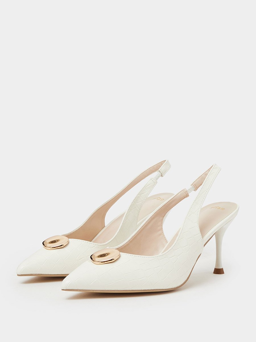 White Croc-Embossed Gold Detail High-Heel Slingbacks