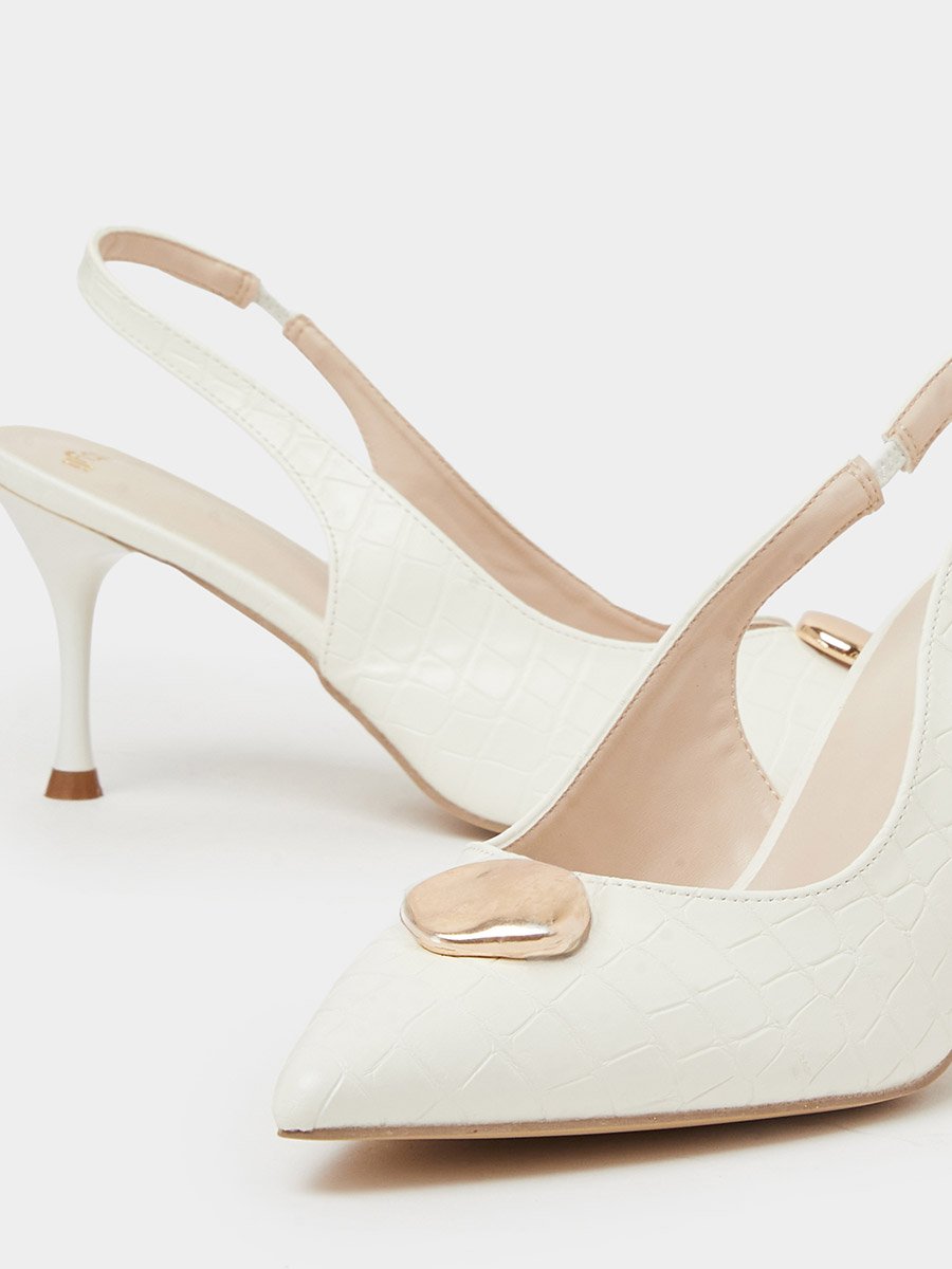 White Croc-Embossed Gold Detail High-Heel Slingbacks