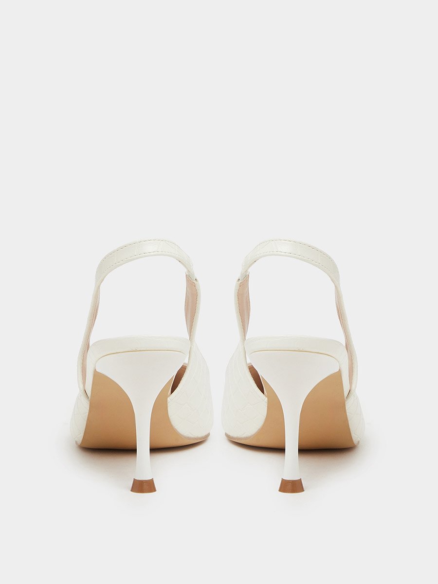 White Croc-Embossed Gold Detail High-Heel Slingbacks